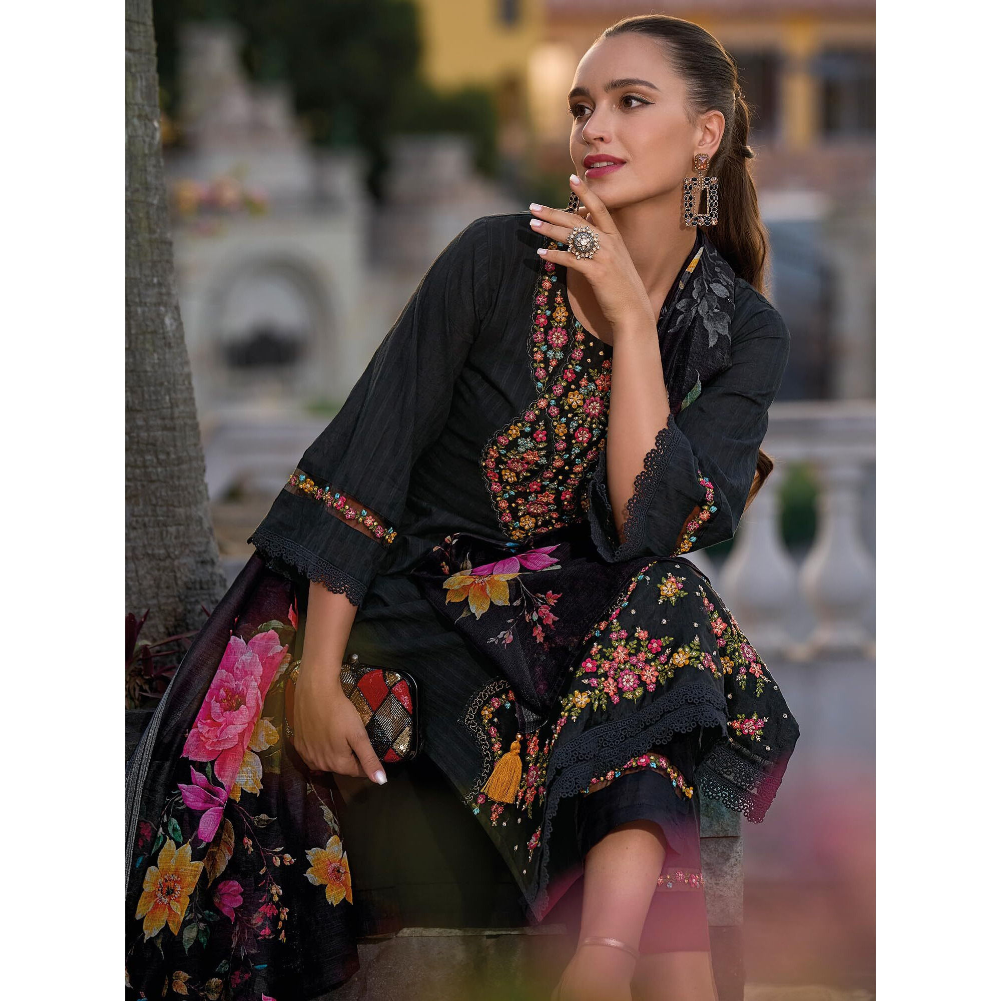 Indo Era Women's Black Embroidered Straight Kurta & Pant With Dupatta Set (Kh0Bk6229_Small)