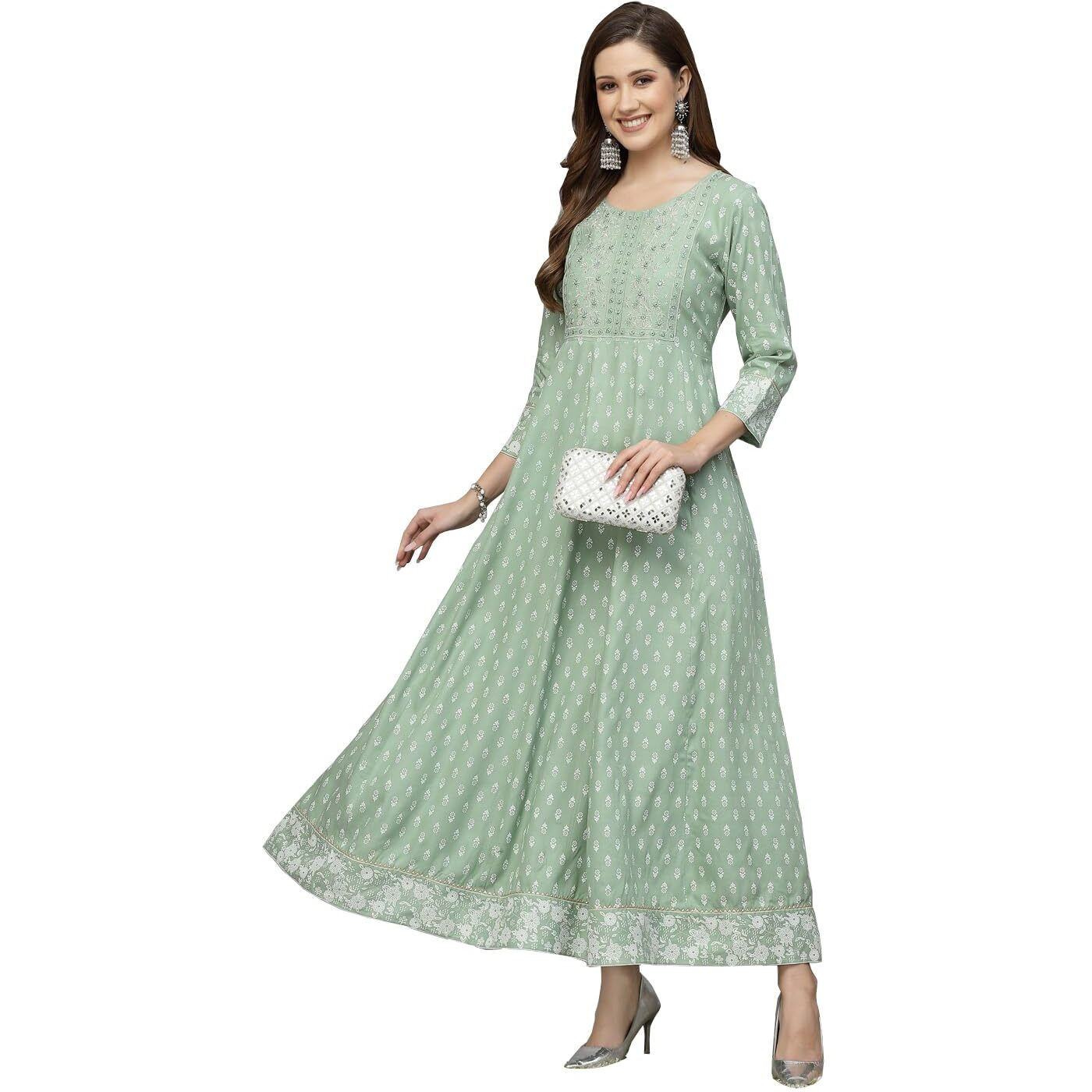 Stylum Women's Printed & Embroidered Rayon Anarkali Kurta (Pistadion44_Pista, Xxl)
