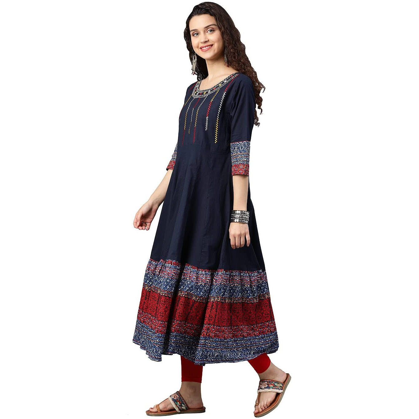Yash Gallery Women's Cotton Embroidered Regular Fit Anarkali Kurta For Women (3Xl, Blue)