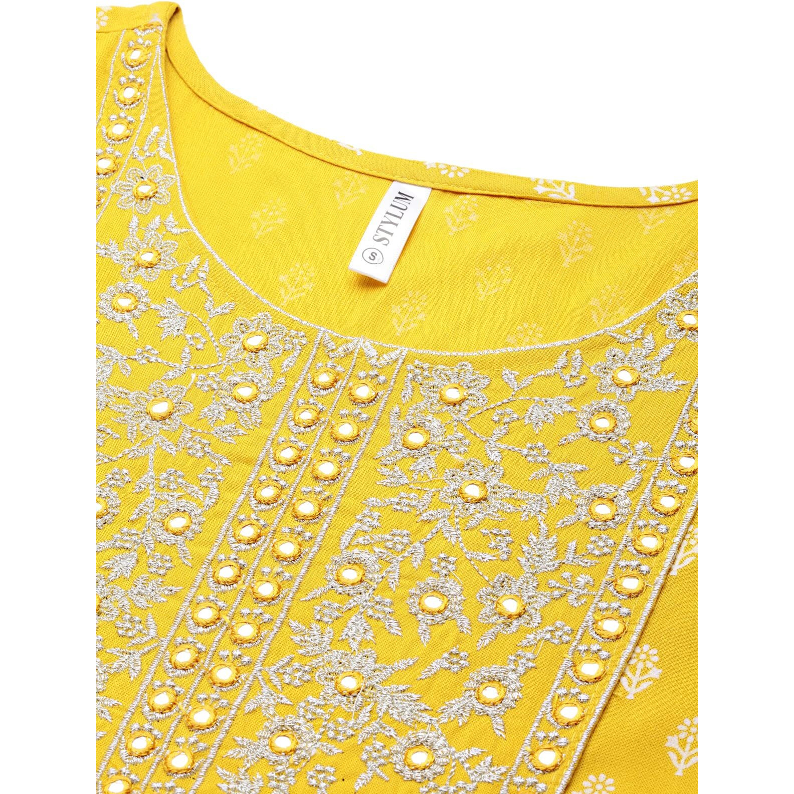 Stylum Women's Embroidered Long Kurta (Mustarddion40_Mustard, L)