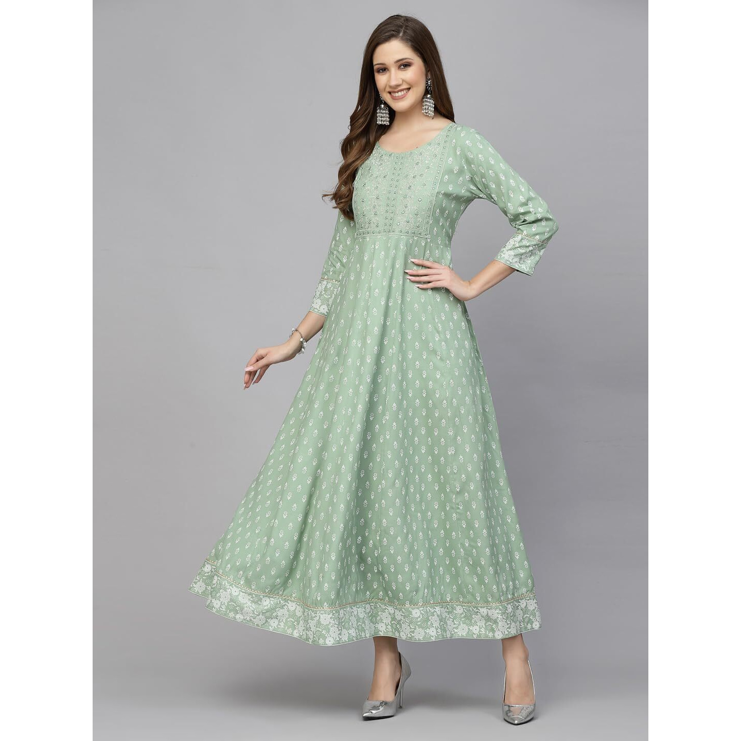 Stylum Women's Printed & Embroidered Rayon Anarkali Kurta (Pistadion48_Pista, 4Xl)