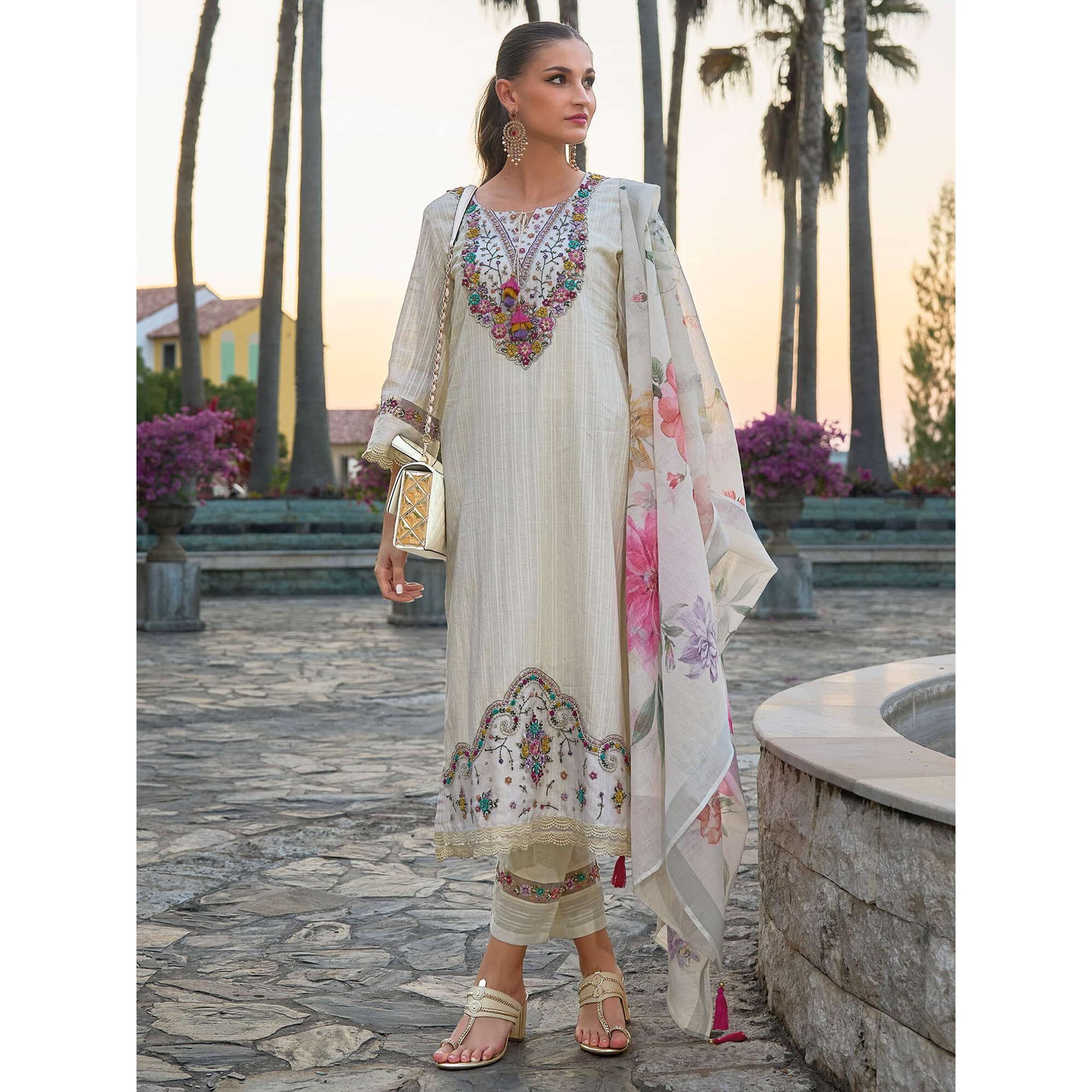 Indo Era Cotton Women's White Embroidered Straight Kurta & Pant With Dupatta Suit Set (Kh0Wh6234_Small)