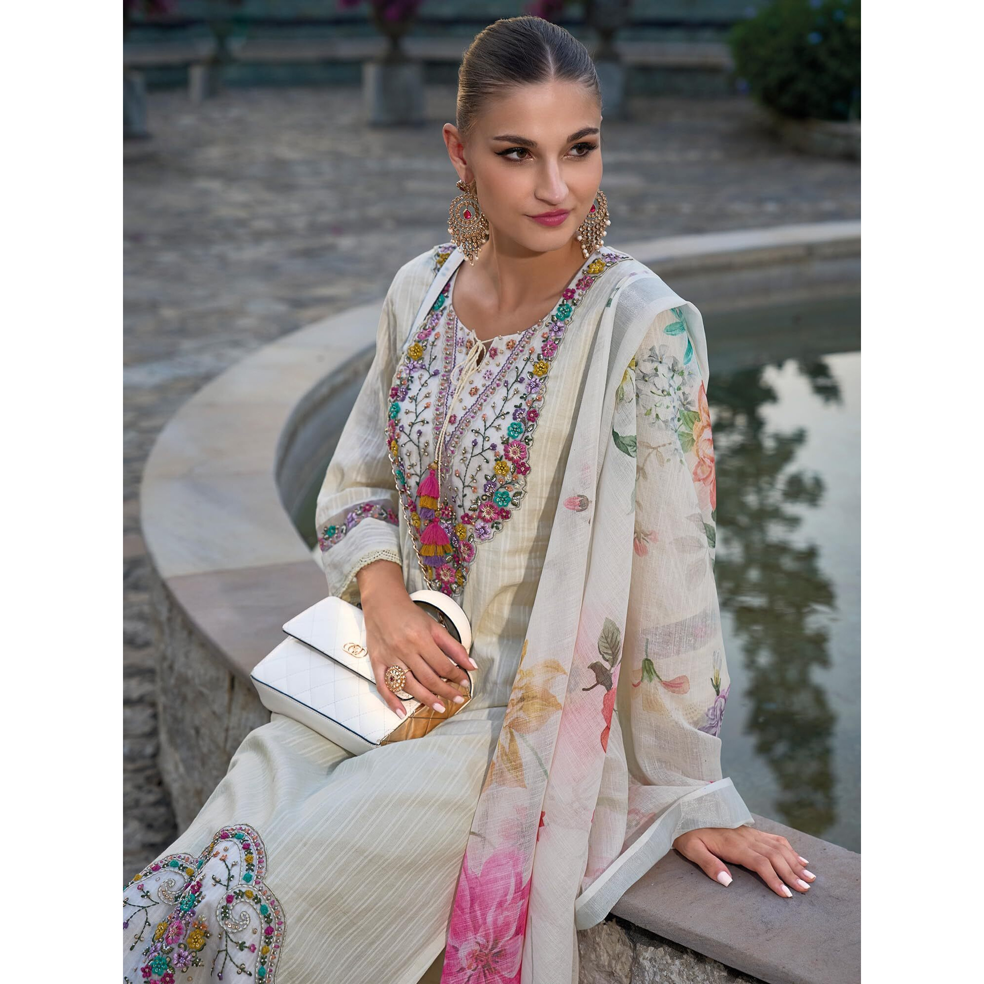 Indo Era Cotton Women's White Embroidered Straight Kurta & Pant With Dupatta Suit Set (Kh0Wh6234_Small)