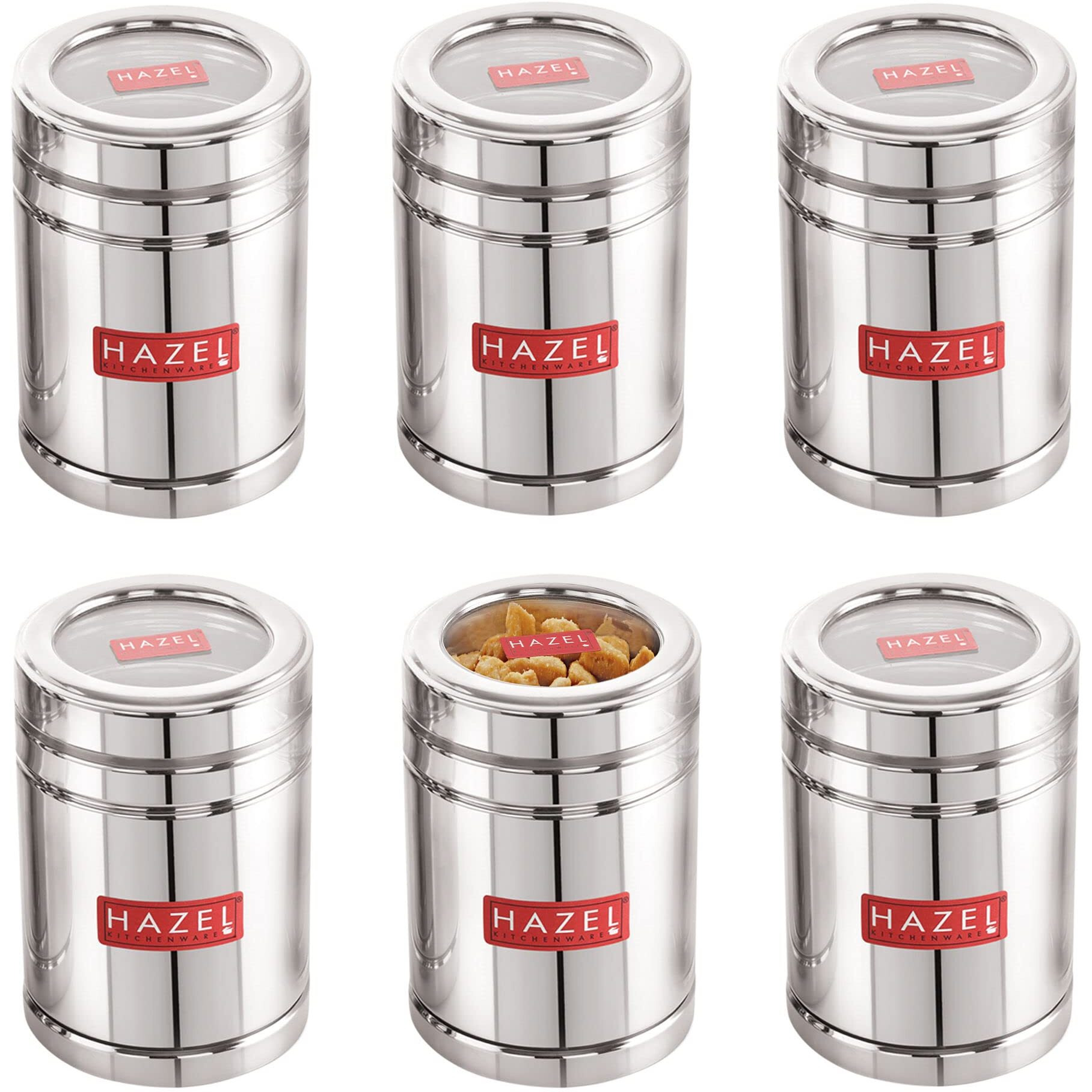 Hazel Stainless Steel Tea Container With Transparent Lid | 1000 Ml Each Transparent Lid Tea Powder Storage Box For Kitchen | Food Grade Steel Kitchen Container, Set Of 6
