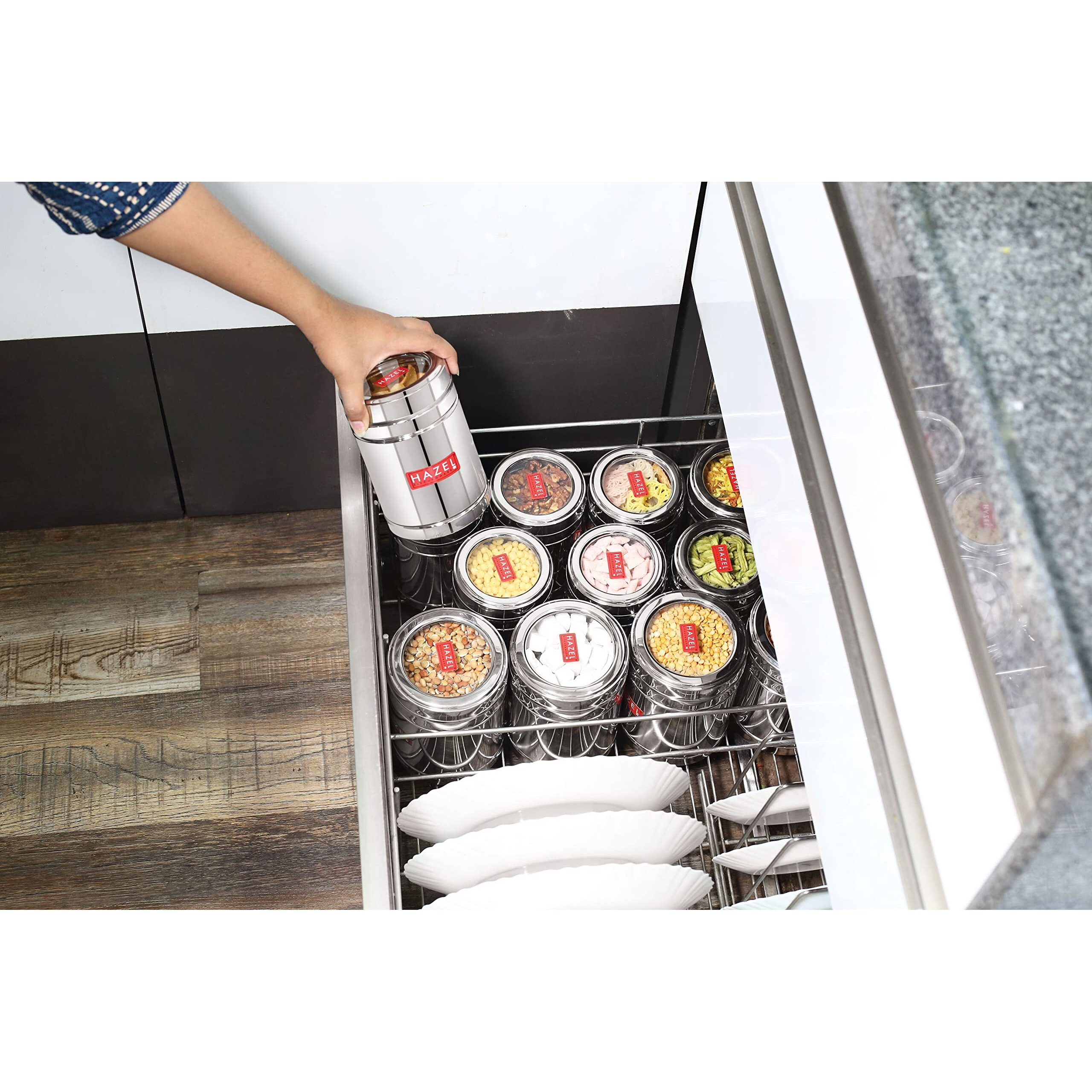 Hazel Stainless Steel Tea Container With Transparent Lid | 1000 Ml Each Transparent Lid Tea Powder Storage Box For Kitchen | Food Grade Steel Kitchen Container, Set Of 6