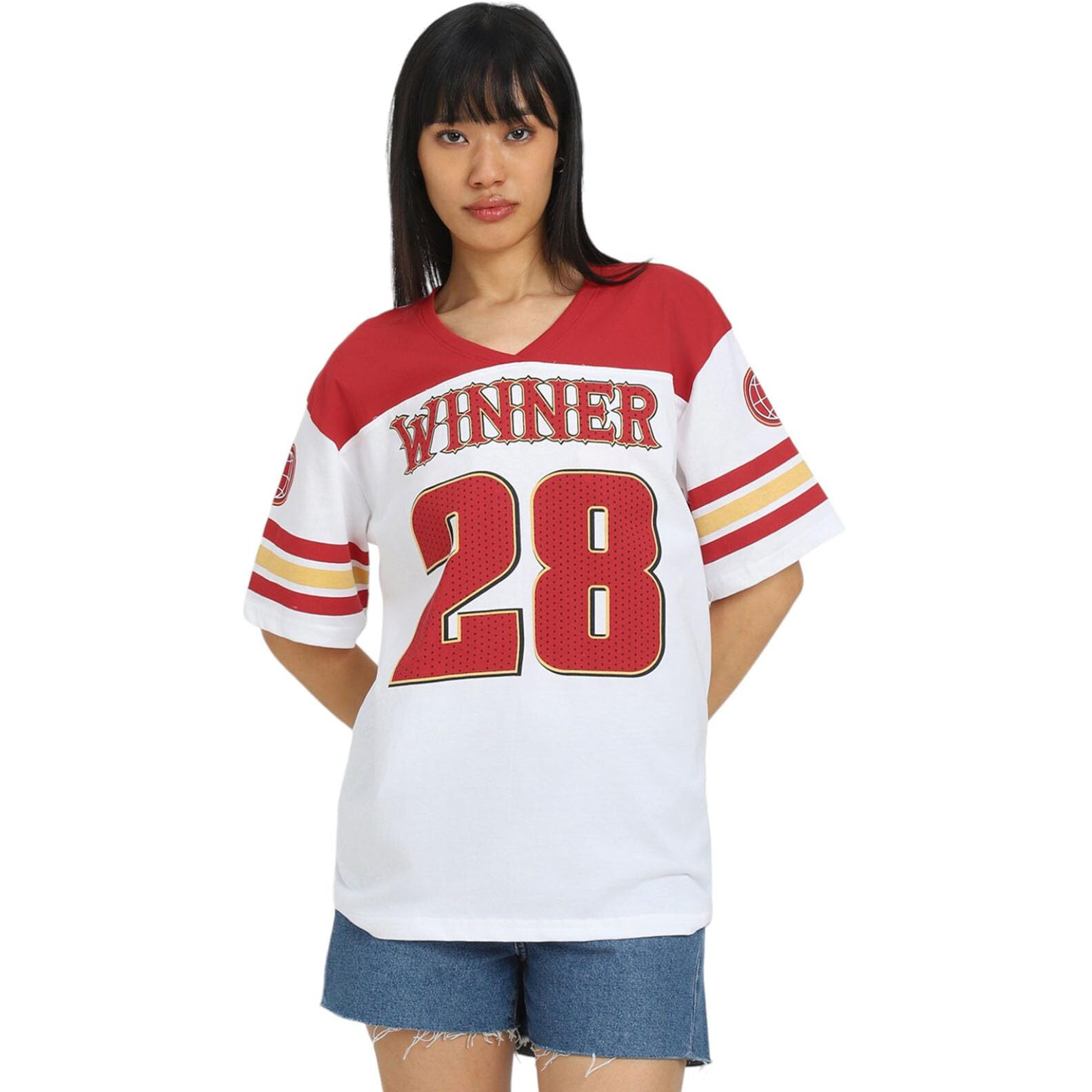 Juneberry Oversized Loose Fit Drop Shoulder Printed Sports Jersey T-Shirt For Women/Girls Red