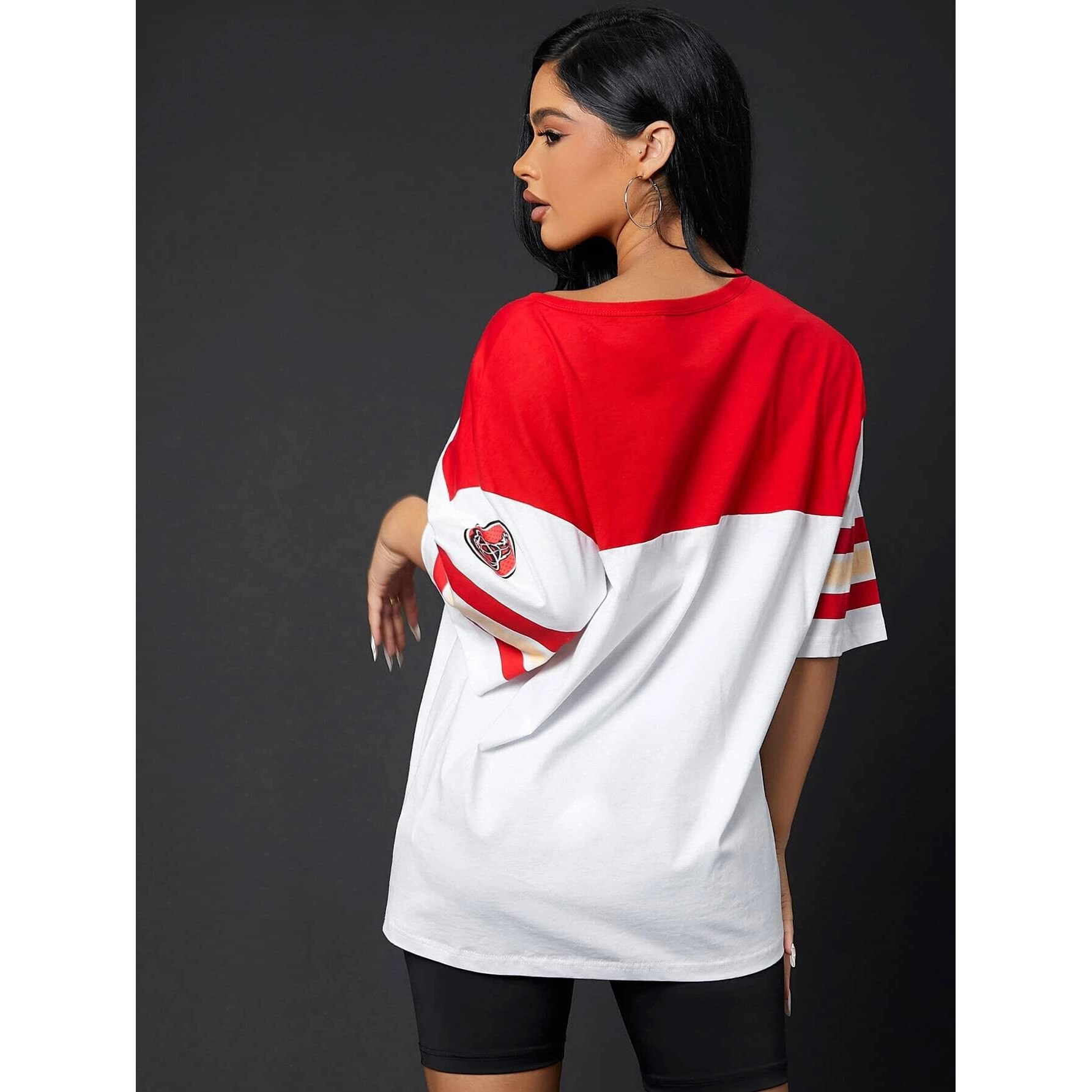 Juneberry Oversized Loose Fit Drop Shoulder Printed Sports Jersey T-Shirt For Women/Girls Red