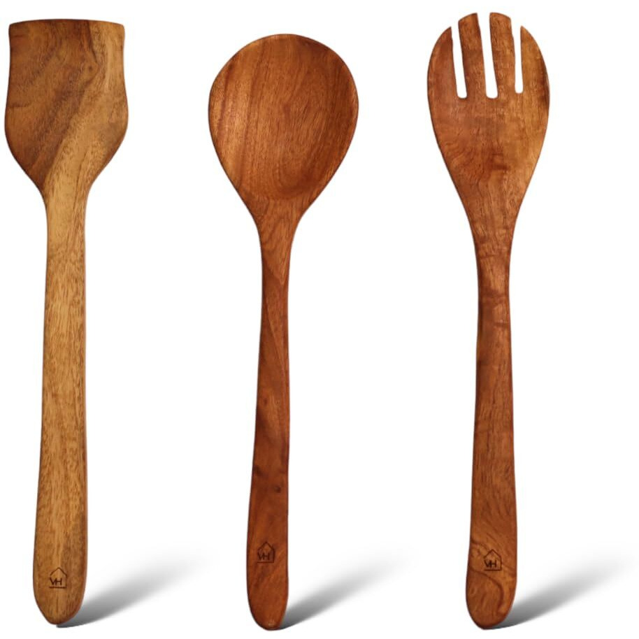 Vesta Homes Neem Wood Spoon/Compact Flip/Spatula/Ladle For Cooking Dosa/Roti/Chapati | Kitchen Tools | No Harmful Polish | Naturally Non-Stick | Handmade | Height- 12Inch (Set Of 3 (Ii))
