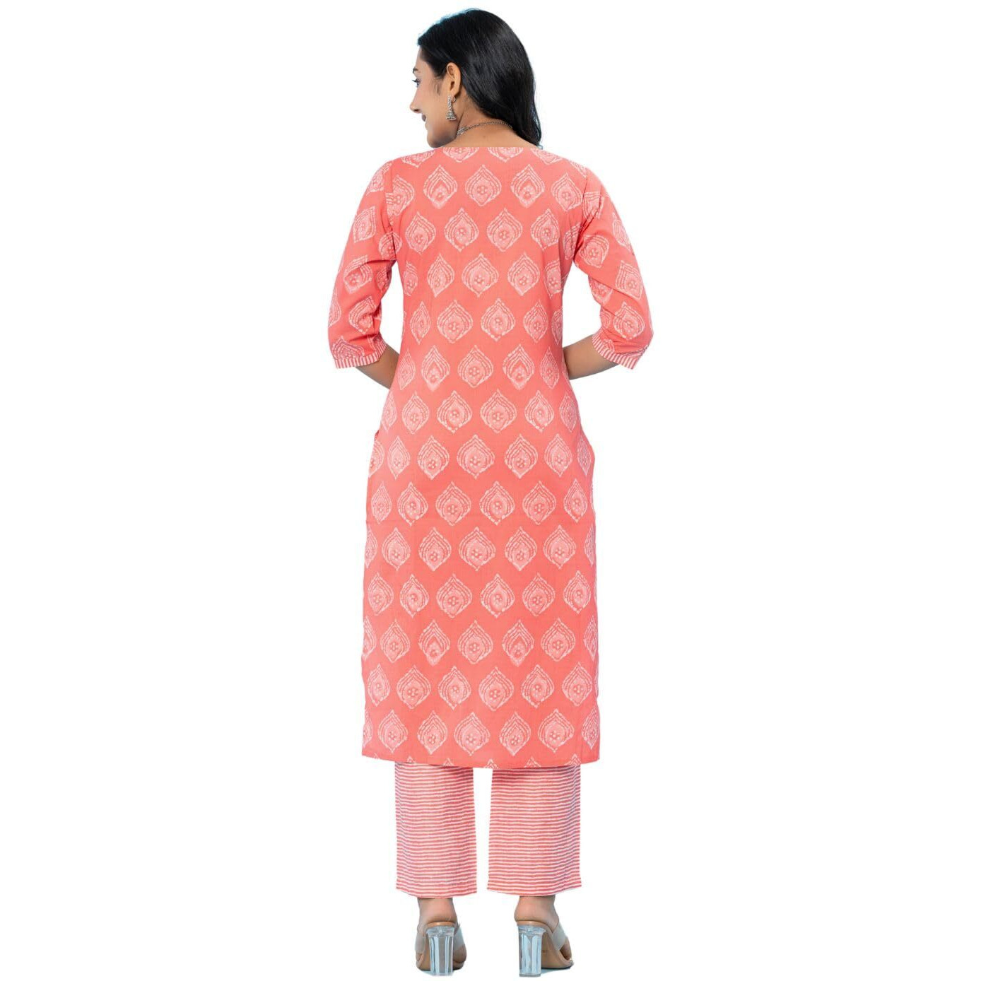 Amayra Women's Cotton Embroidered Straight Kurta With Palazzo Pant And Dupatta Set(Tck566,Peach,L)