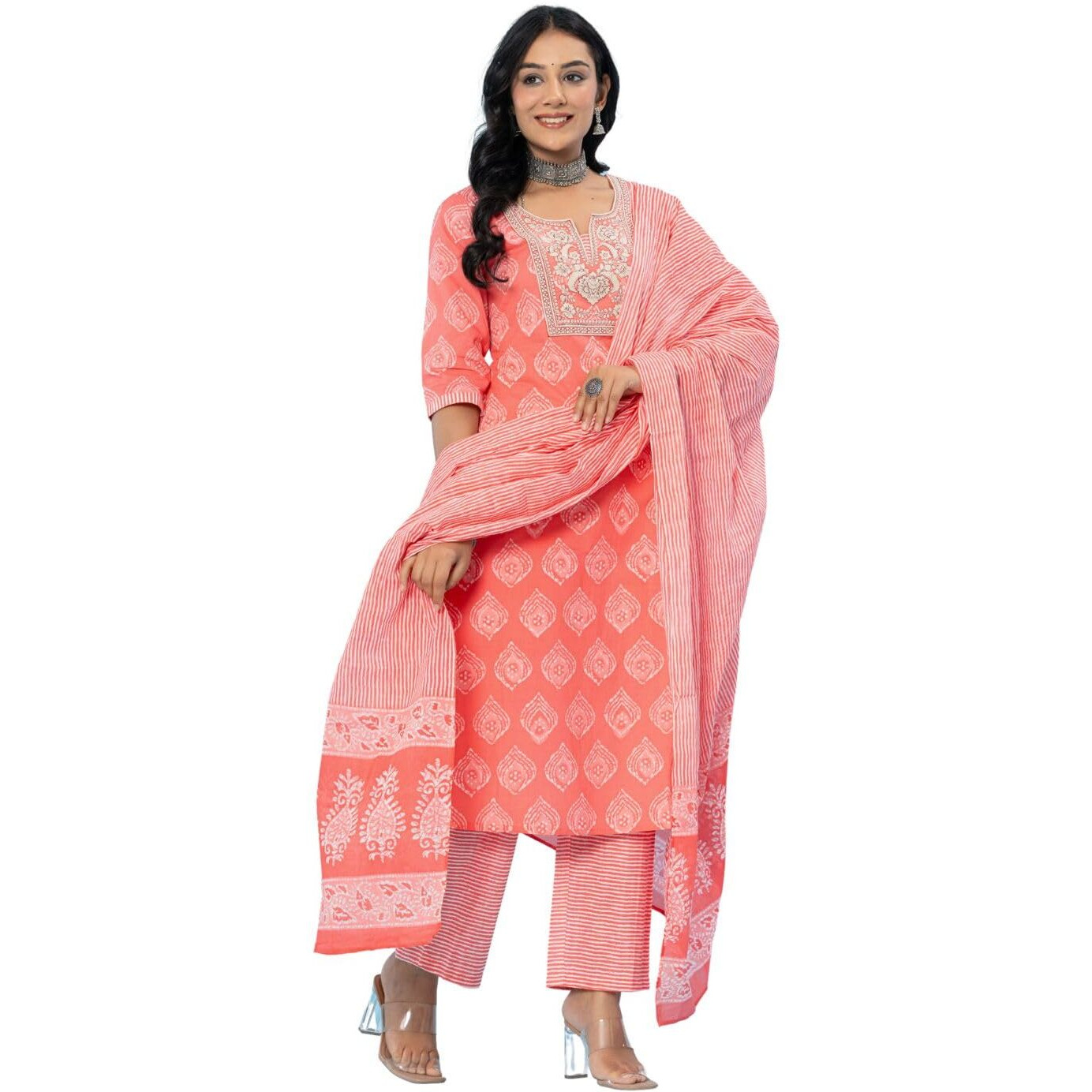 Amayra Women's Cotton Embroidered Straight Kurta With Palazzo Pant And Dupatta Set(Tck566,Peach,L)