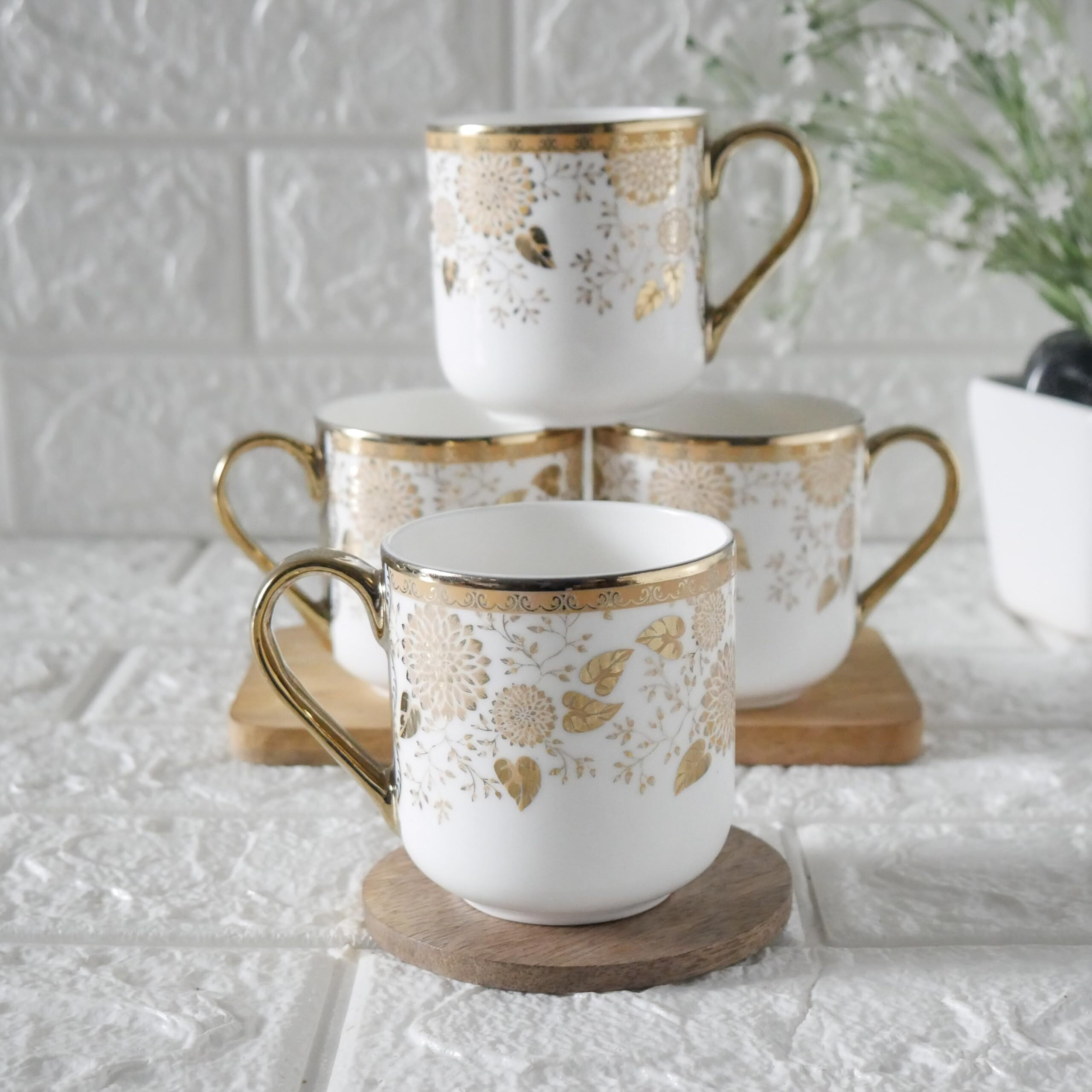 Femora Premium Tea Leaf Design Ceramic Coffee & Tea Cup Set Of 4, 180 Ml, (Not Microwave Safe)