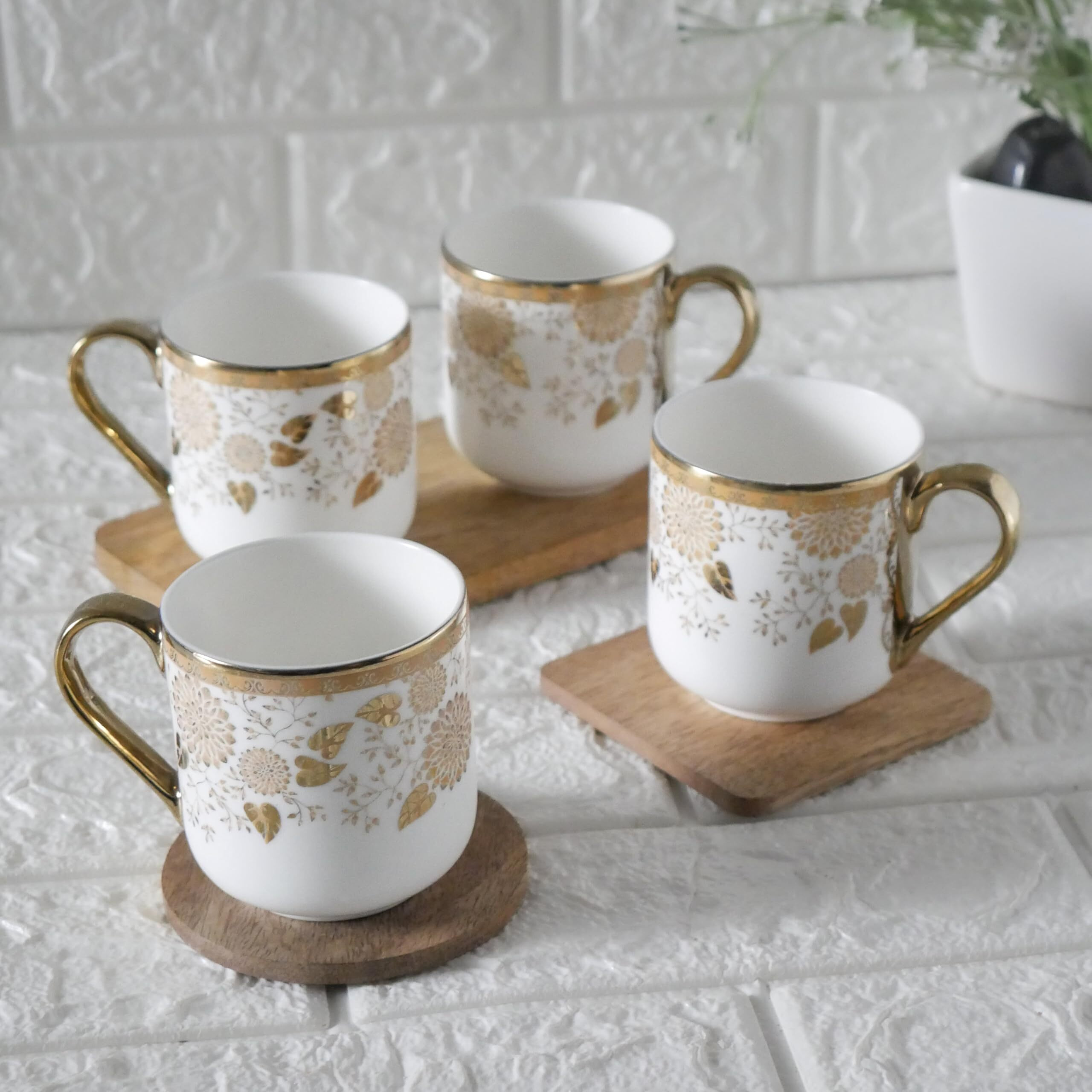 Femora Premium Tea Leaf Design Ceramic Coffee & Tea Cup Set Of 4, 180 Ml, (Not Microwave Safe)