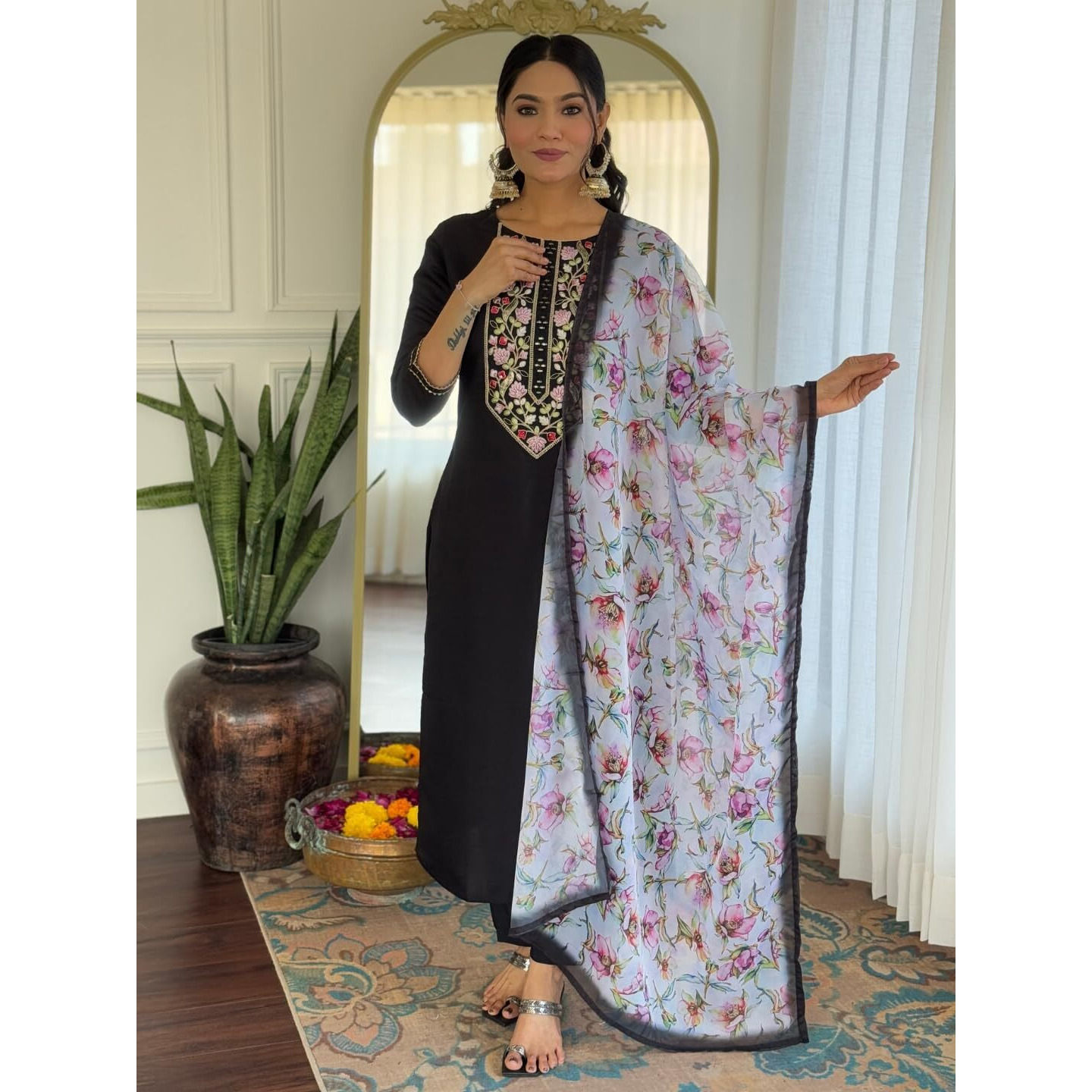 Naixa Women's Black Rayon Embroidered Straight Kurta With Rayon Pant And Taby Printed Dupatta Sets (Nx-673-Black-M)
