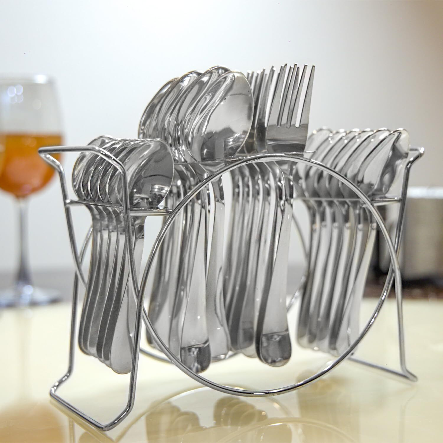 Parage 25 Pieces Aura Stainless Steel Cutlery Set With Stand For Home & Kitchen (Contains 6 Table Spoons, 6 Forks, 6 Tea Spoons, 6 Dinner Spoons, 1 Stand), Spoon Set, Dining Table Fancy, Silver