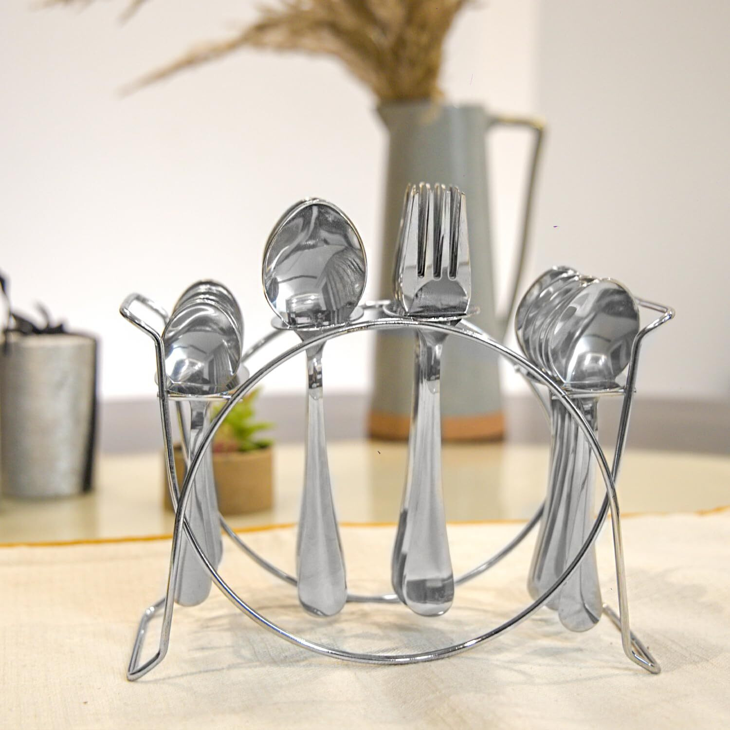 Parage 25 Pieces Aura Stainless Steel Cutlery Set With Stand For Home & Kitchen (Contains 6 Table Spoons, 6 Forks, 6 Tea Spoons, 6 Dinner Spoons, 1 Stand), Spoon Set, Dining Table Fancy, Silver
