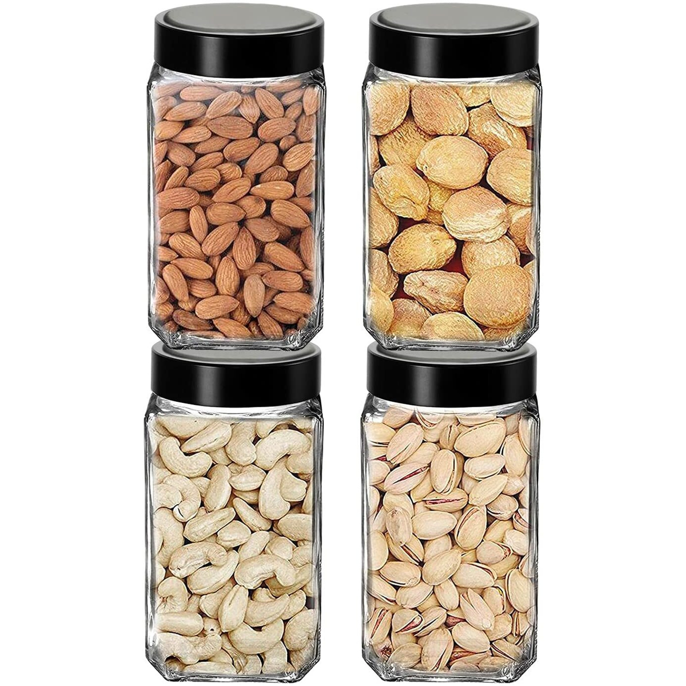 Brezzycloud Piraml Glass Cubical Square 1000Ml Transparent Glass Jars & Containers For Kitchen Pantry, Cookies, Dry Fruits, Coffee Storage Glass Jar With Black Plastic Lid (1000Ml, Set Of 4)