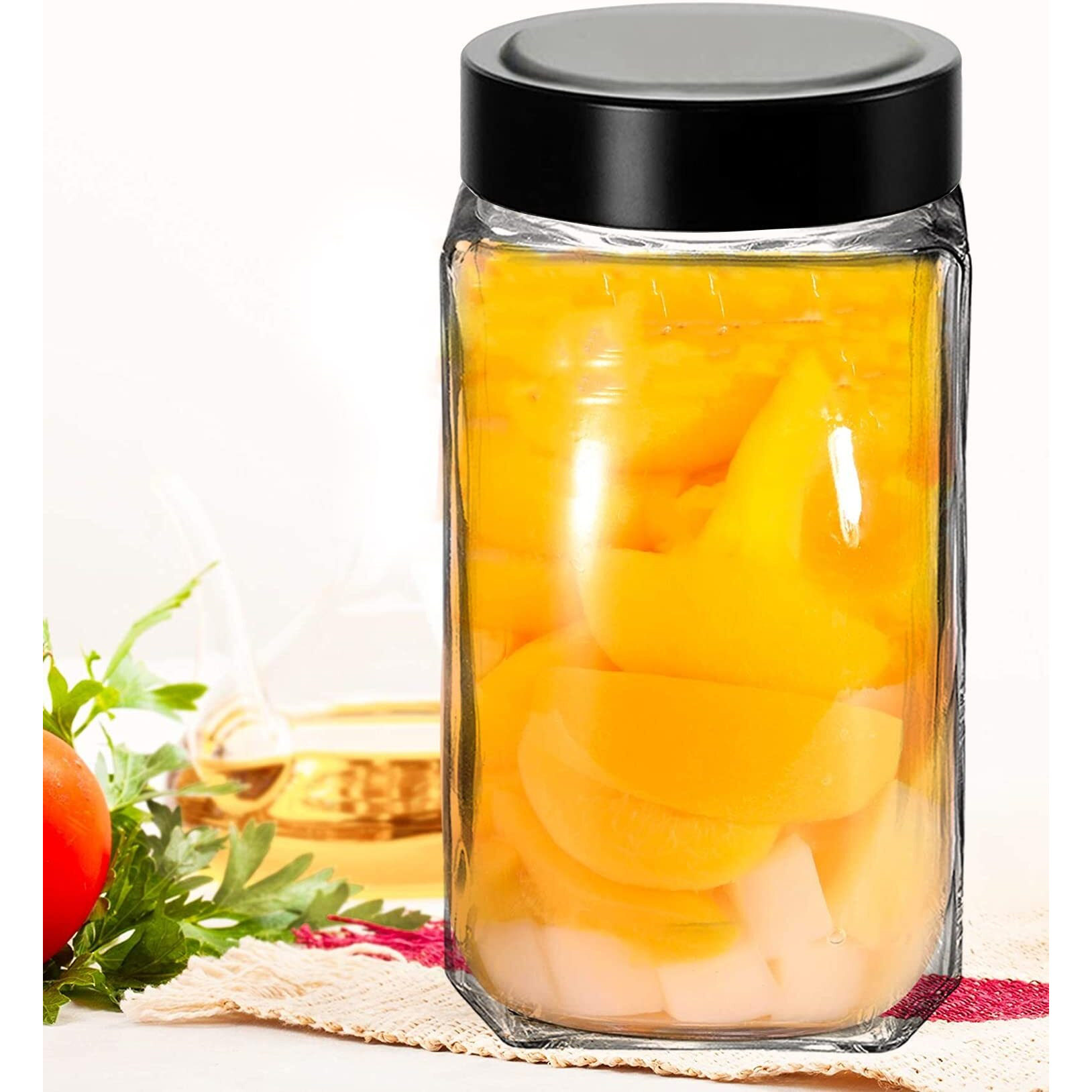 Brezzycloud Piraml Glass Cubical Square 1000Ml Transparent Glass Jars & Containers For Kitchen Pantry, Cookies, Dry Fruits, Coffee Storage Glass Jar With Black Plastic Lid (1000Ml, Set Of 4)