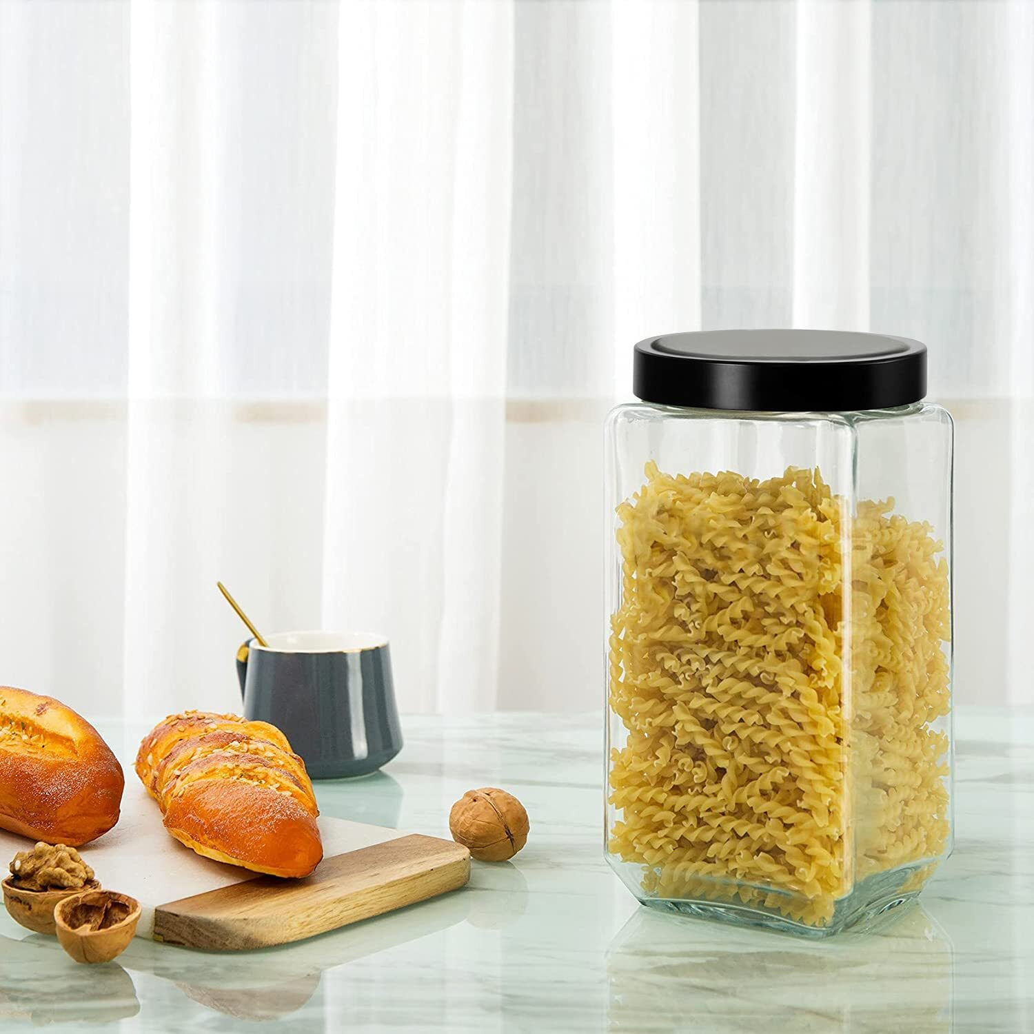 Brezzycloud Piraml Glass Cubical Square 1000Ml Transparent Glass Jars & Containers For Kitchen Pantry, Cookies, Dry Fruits, Coffee Storage Glass Jar With Black Plastic Lid (1000Ml, Set Of 4)