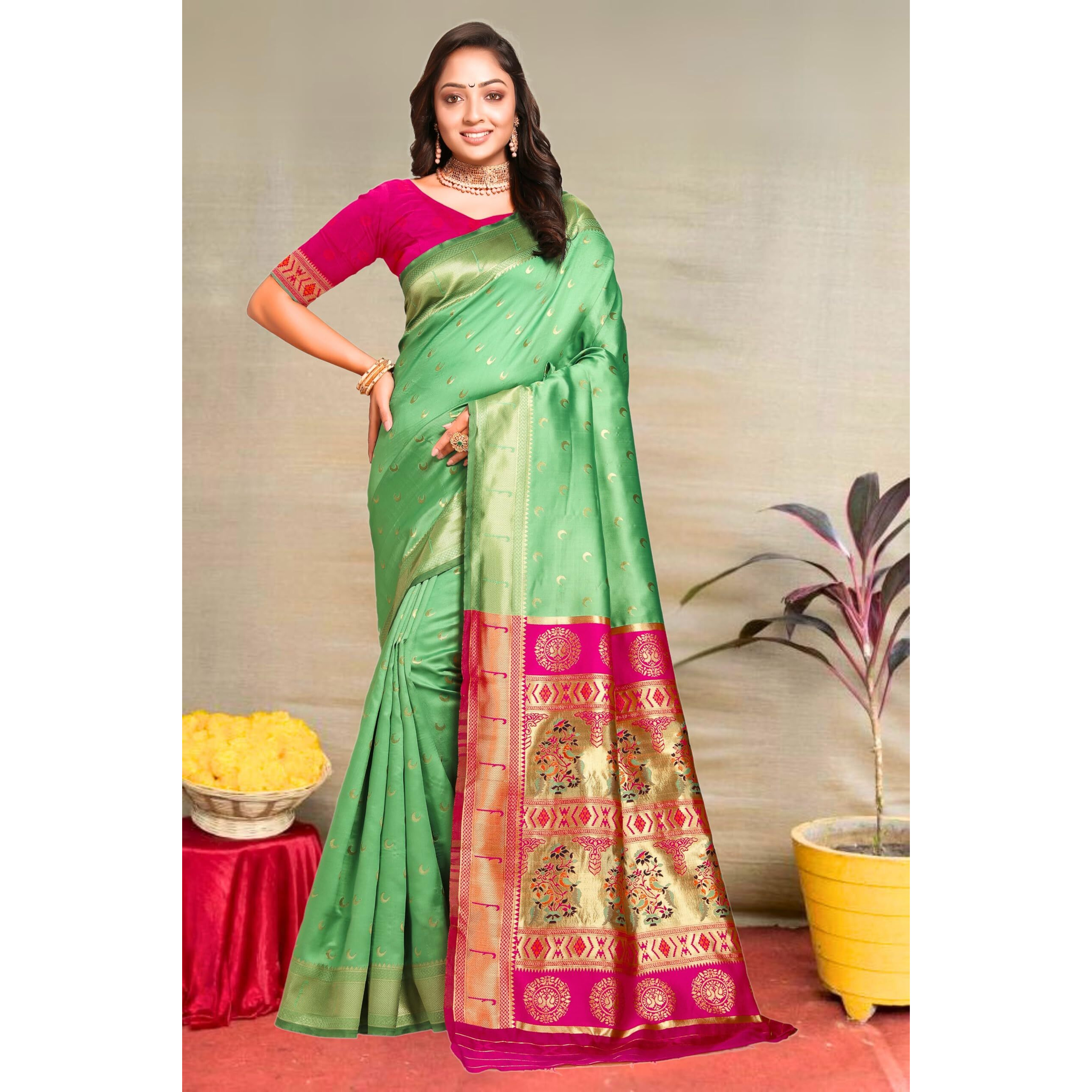 C J Enterprise Women's Banarasi Saree Pure Kanjivaram Silk Saree Soft Design Wear Pattu Sarees Latest Cotton With Blouse Piece For Wedding Sadi New Ladies 2025 (Chand Paithani) (Pista-Pink)