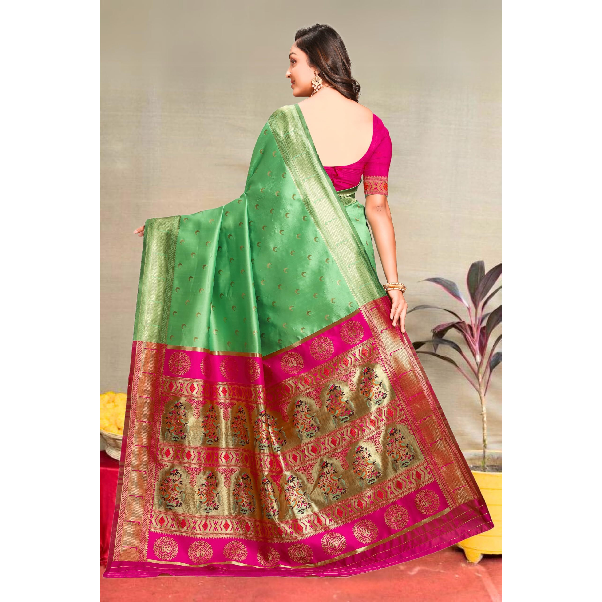 C J Enterprise Women's Banarasi Saree Pure Kanjivaram Silk Saree Soft Design Wear Pattu Sarees Latest Cotton With Blouse Piece For Wedding Sadi New Ladies 2025 (Chand Paithani) (Pista-Pink)