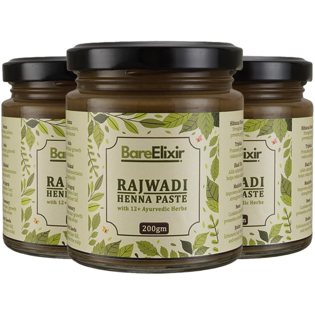 Bare Elixir Henna Paste | Pre-Soaked In Black Tea & 12+ Ayurvedic Herbs | 100% Natural Rajasthani Sojat Henna For Hair | Ready-To-Use, Chemical-Free Henna For Men & Women | Rich Brown Hair Color | Pure Herbal Mehndi For Nourished & Naturally Colored Hair (200Gm X 3)