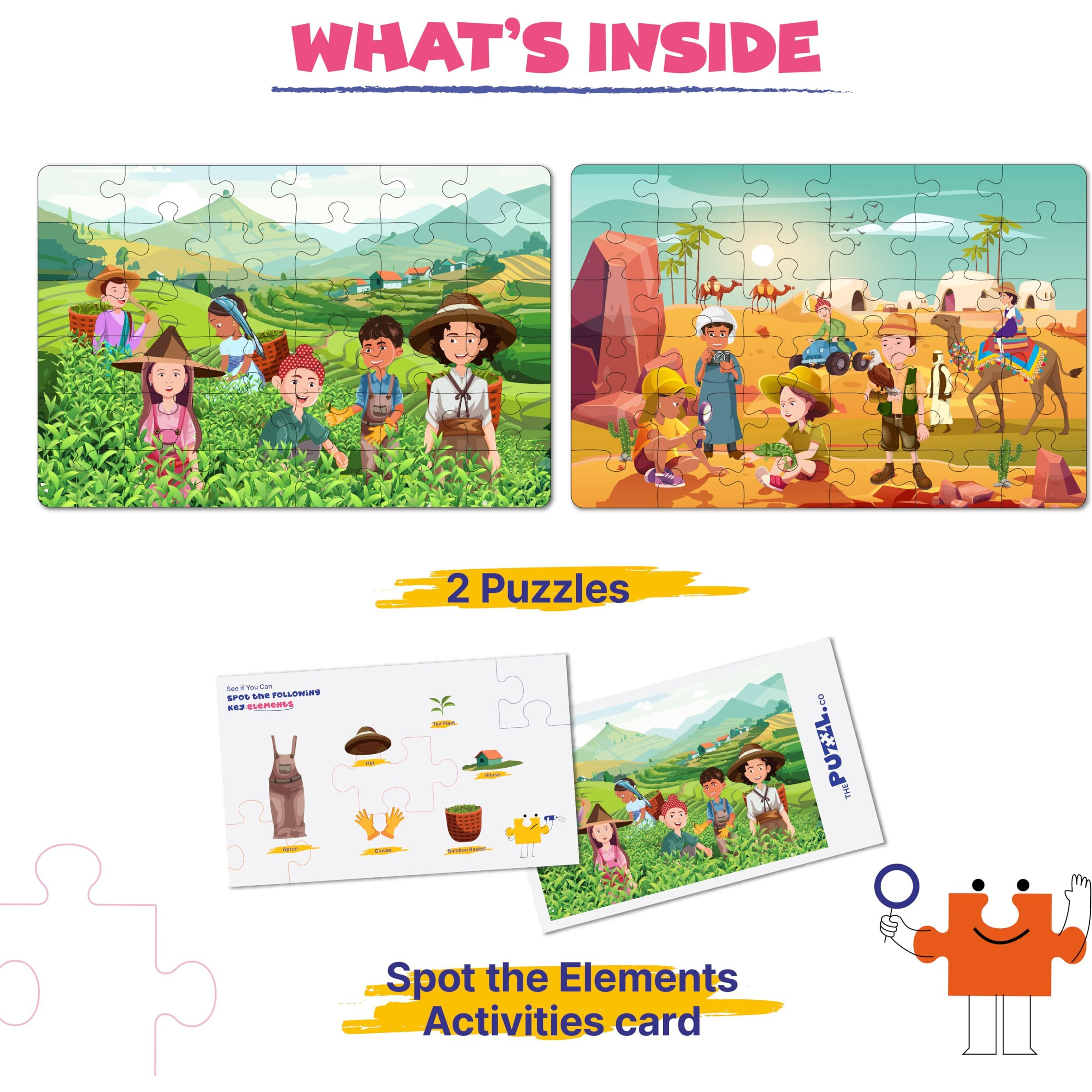 The Puzzl Co - Set Of 2, 48 Pieces Each, Tea Garden & Desert - Vacation Theme Jigsaw Puzzles For Kids 5+ Years, Includes Activity Sheet, Educational Game