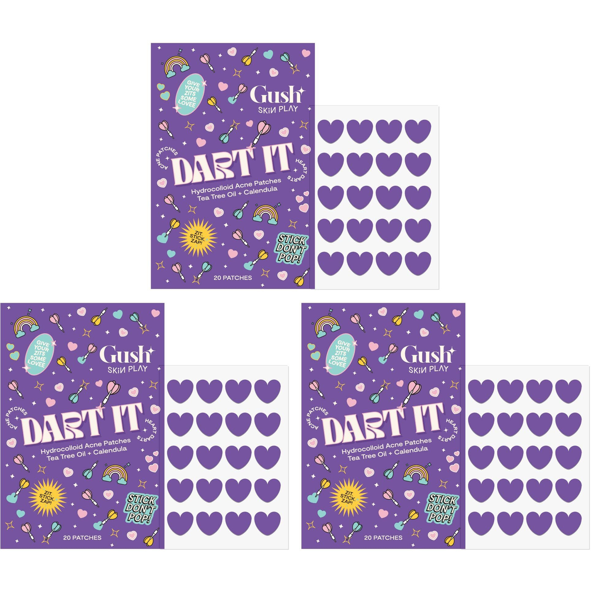Gush Beauty Acne Pimple Patch | 20 Hydrocolloid Patches With Tea Tree Oil | For Active Surface Acne | Reduces Acne, Pimples & Excess Oil Overnight | (Purple Heart, Pack Of 3)