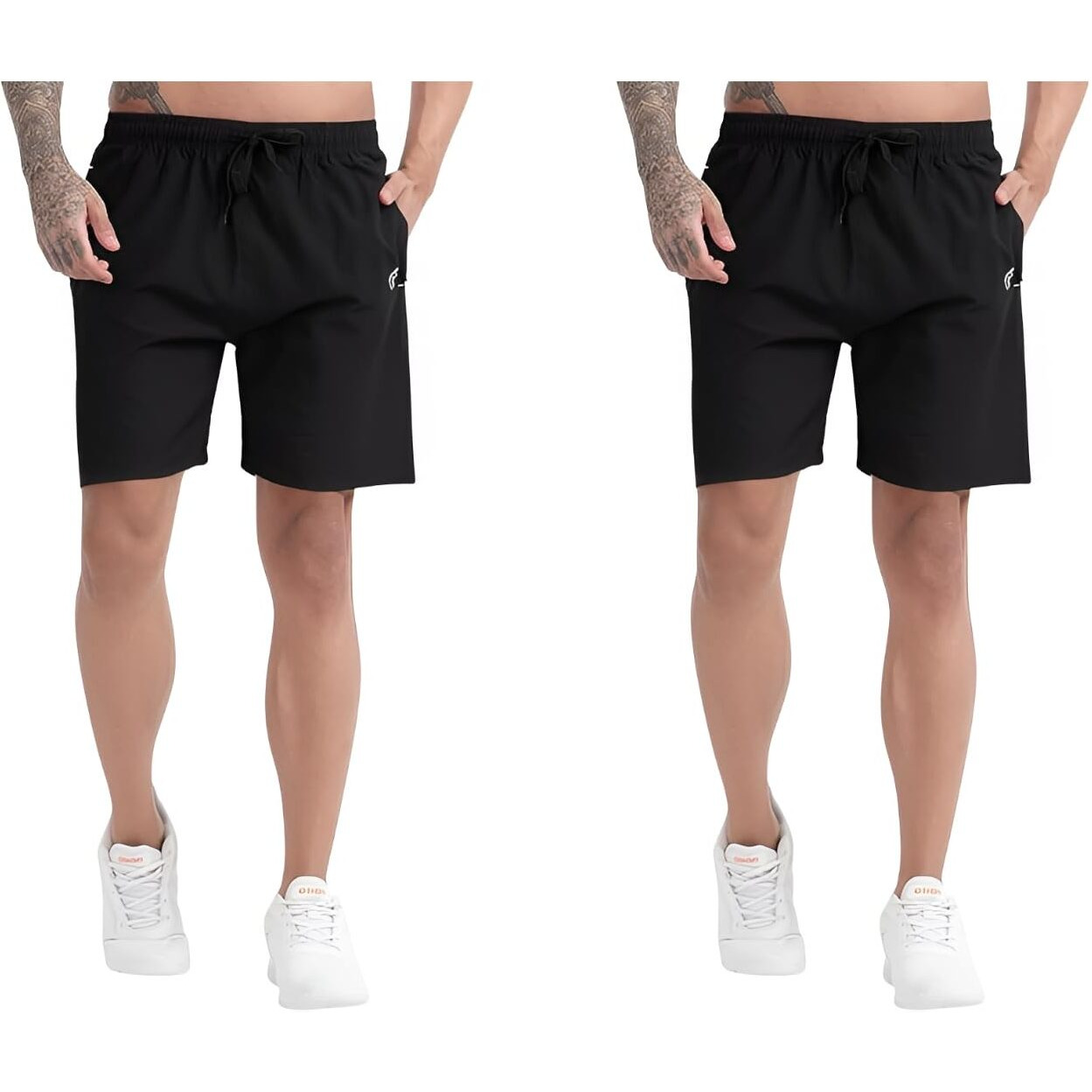 Blue Star Shark Athletic Sports Shorts For Men With Zip Pockets And Elastic Waistband Quick Dry Lightweight Activewear Combo - Pack Of 2 (Color Black And Black, SizeXl)