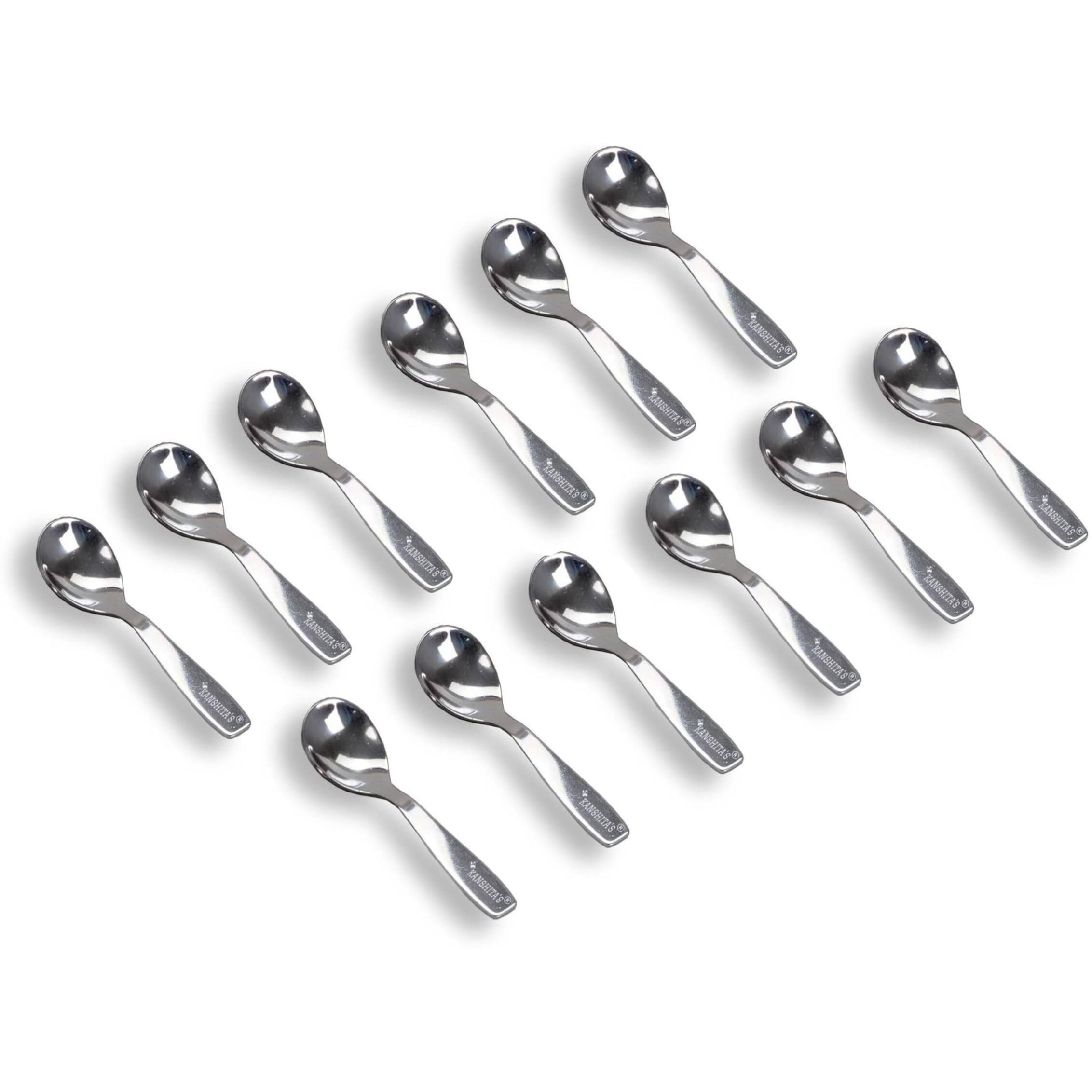 Kanshita's Rasoiware Stainless Steel 12 Pieces Small Spoons For Container/Spice Jars | Masala Spoons | Small Spoon For Spices | Spoon Set | 12 Mini | Length 9.5 Cm | Silver