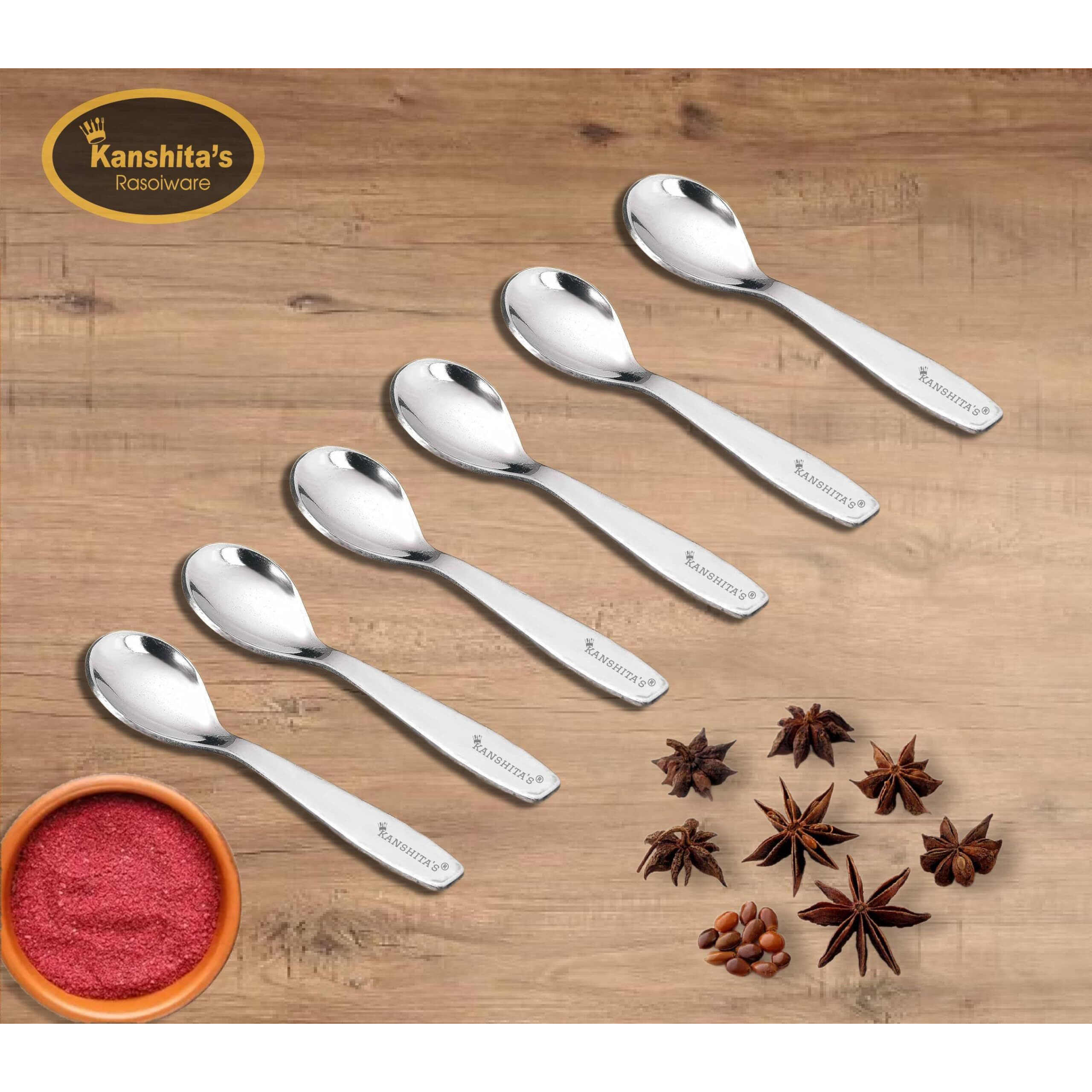 Kanshita's Rasoiware Stainless Steel 12 Pieces Small Spoons For Container/Spice Jars | Masala Spoons | Small Spoon For Spices | Spoon Set | 12 Mini | Length 9.5 Cm | Silver
