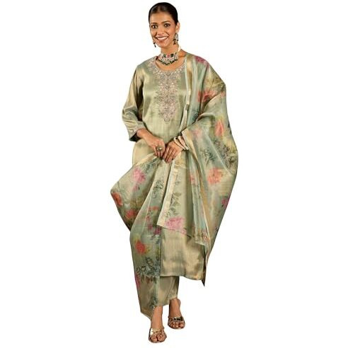 Indo Era Women's Liva Embroidered Straight Kurta & Pant With Dupatta Set (Shutr6625_Xx-Large) Sea Green