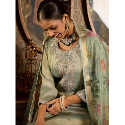 Indo Era Women's Liva Embroidered Straight Kurta & Pant With Dupatta Set (Shutr6625_Xx-Large) Sea Green