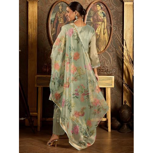 Indo Era Women's Liva Embroidered Straight Kurta & Pant With Dupatta Set (Shutr6625_Xx-Large) Sea Green