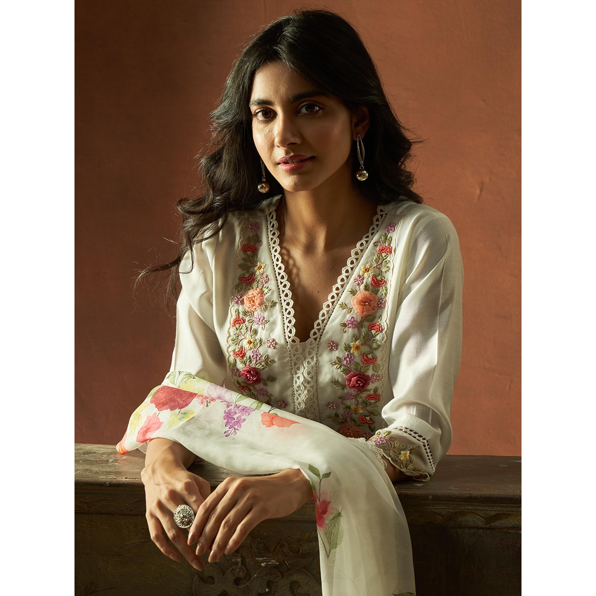 Indo Era Women's White Silk Blend Embroidered Straight Kurta & Pant With Dupatta Set (Ieout6381_Xx-Large)