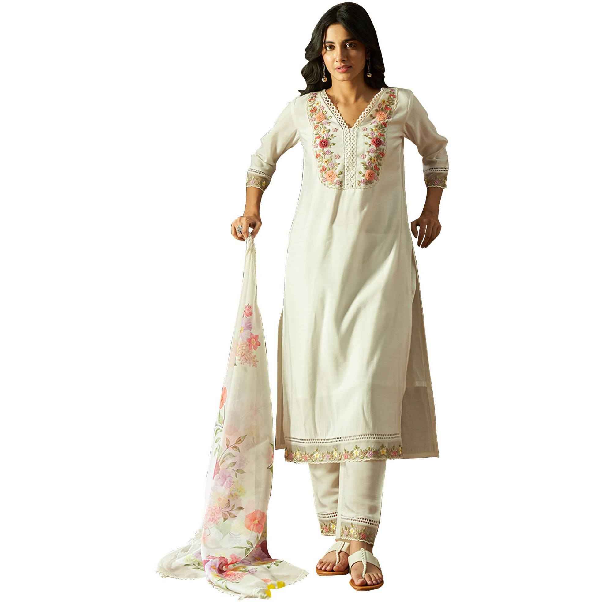 Indo Era Women's White Silk Blend Embroidered Straight Kurta & Pant With Dupatta Suit Set (Ieout6381_Medium)