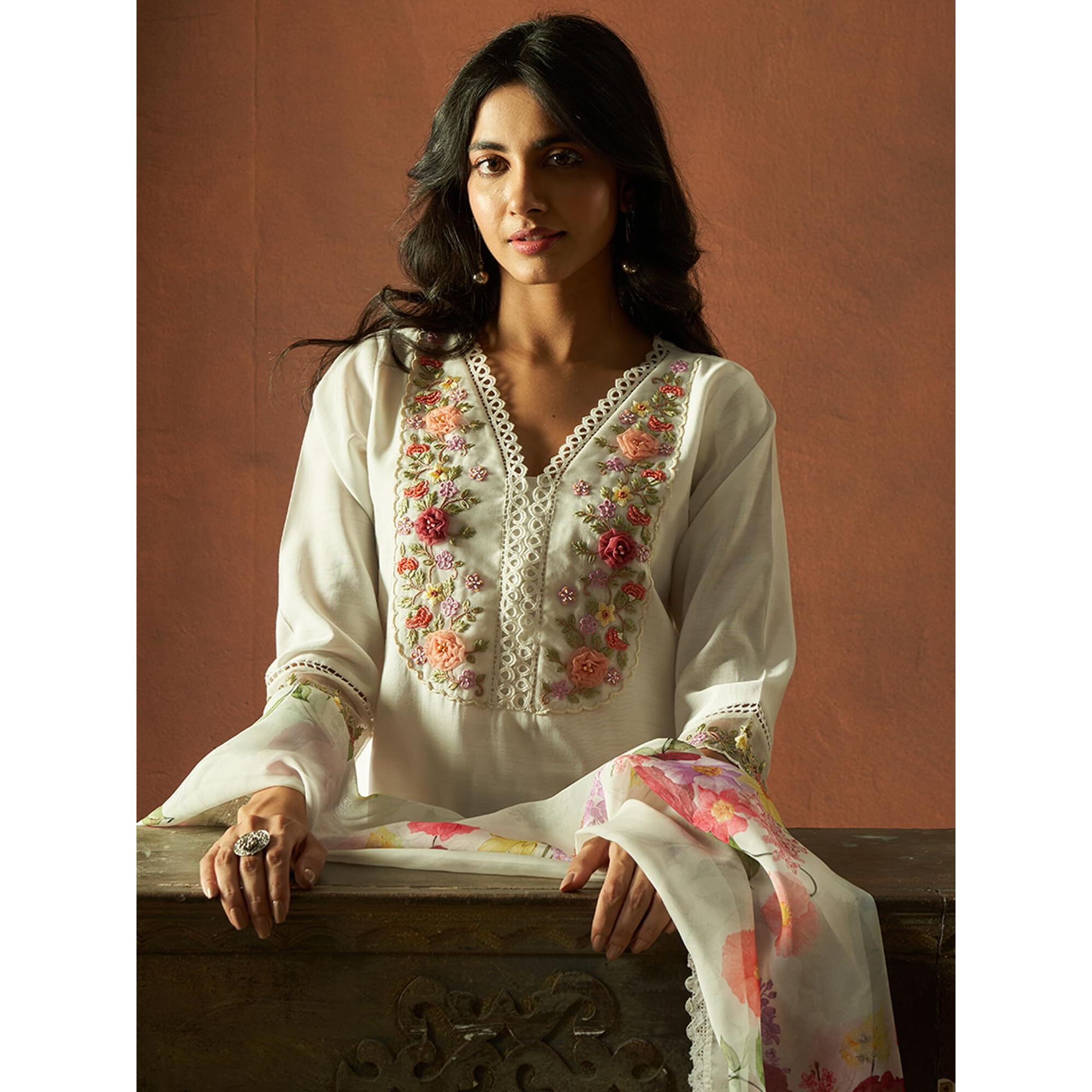 Indo Era Women's White Silk Blend Embroidered Straight Kurta & Pant With Dupatta Suit Set (Ieout6381_Medium)