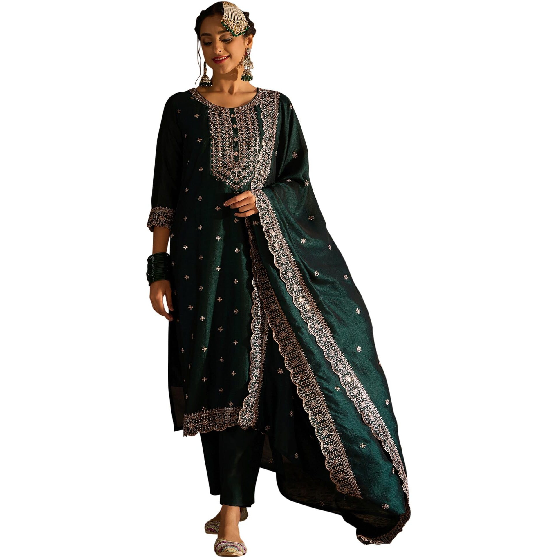 Indo Era Women's Embroidered Silk Blend Calf Length Straight Kurta & Pant With Dupatta Set (Kh9Gn6193_Small)