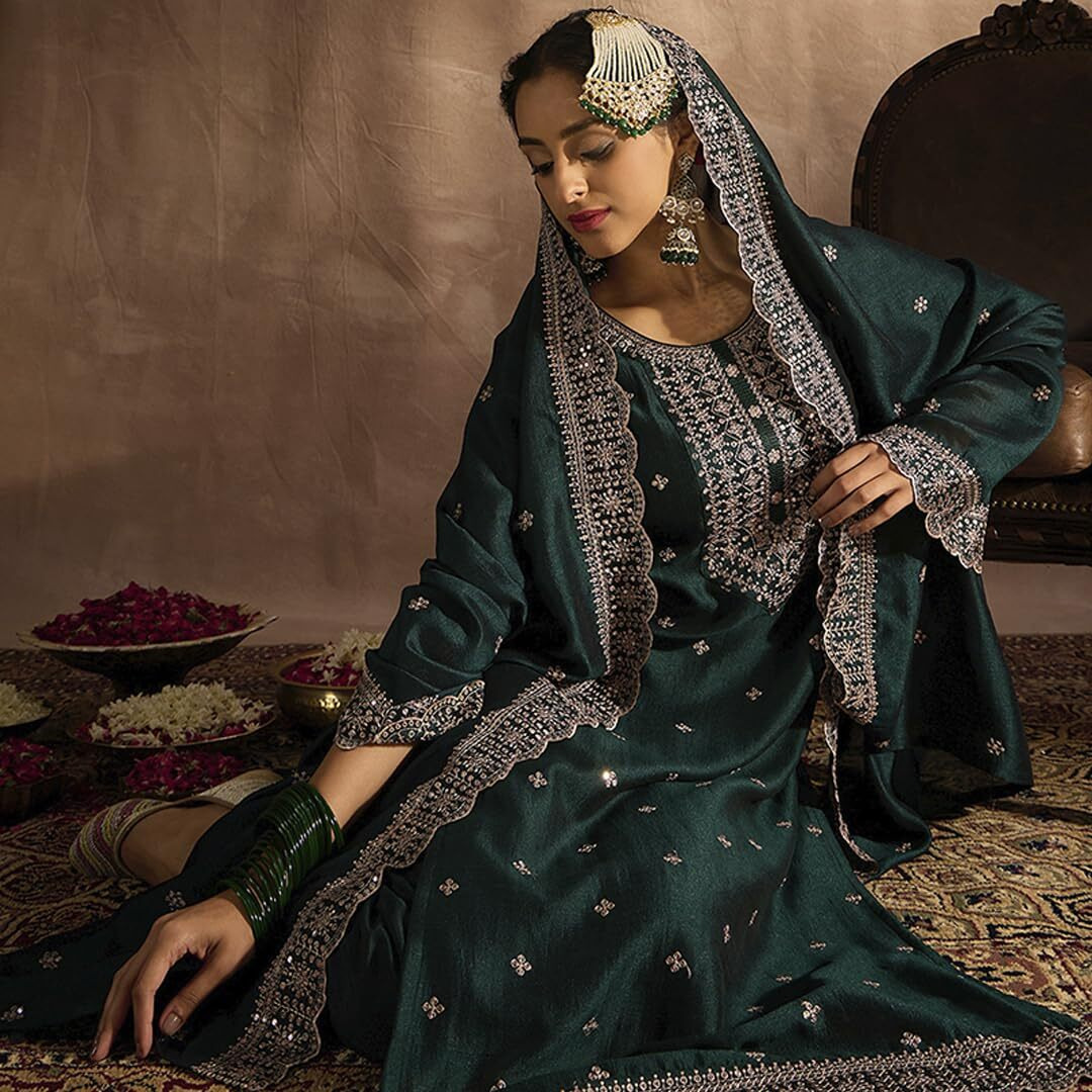 Indo Era Women's Embroidered Silk Blend Calf Length Straight Kurta & Pant With Dupatta Set (Kh9Gn6193_Small)