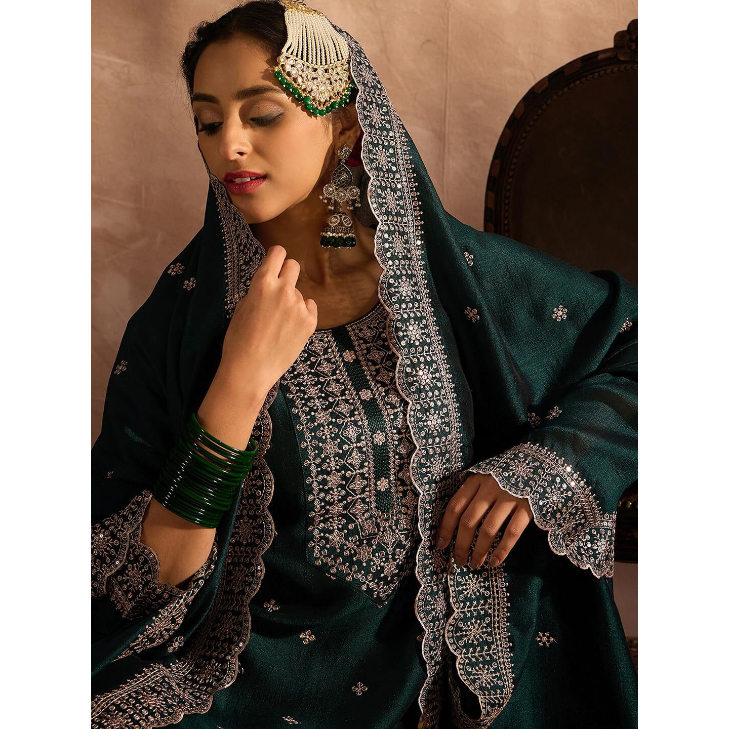 Indo Era Women's Embroidered Silk Blend Calf Length Straight Kurta & Pant With Dupatta Set (Kh9Gn6193_Small)