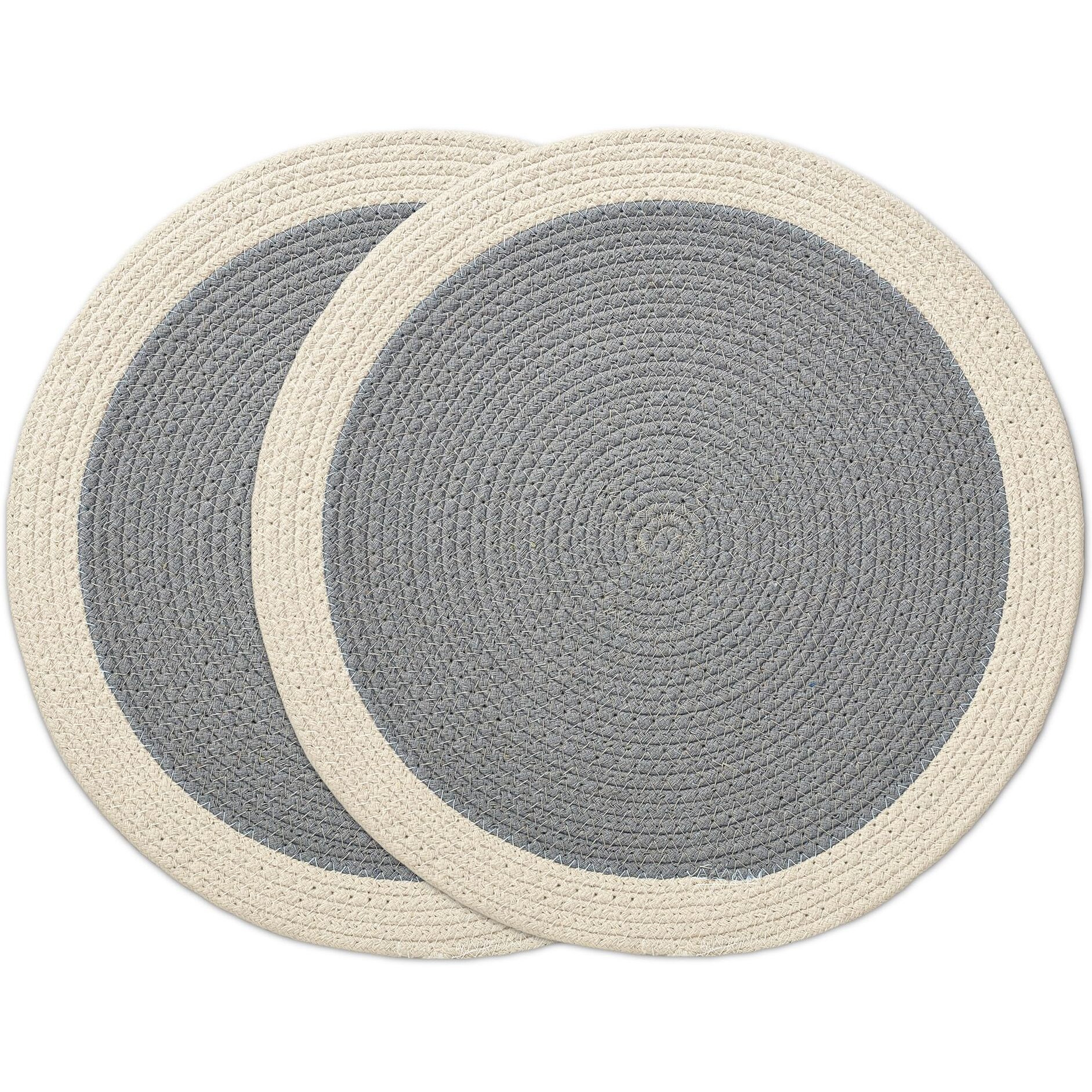 Encasa Xo Dining Table Mats Set Of 2 | Cotton Round Placemat - 33 Cm Diameter | Light Grey & Off White | Handmade Rib Style