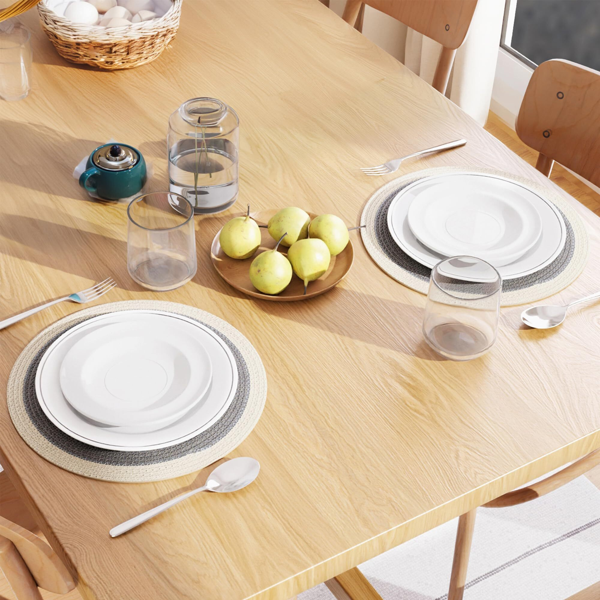 Encasa Xo Dining Table Mats Set Of 2 | Cotton Round Placemat - 33 Cm Diameter | Light Grey & Off White | Handmade Rib Style