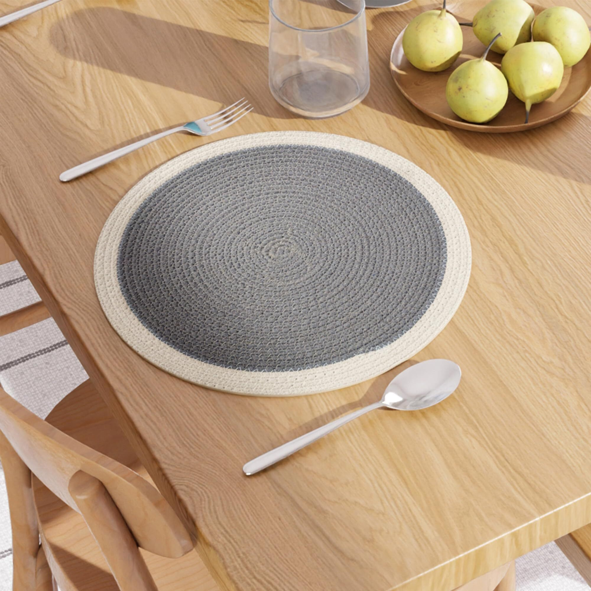Encasa Xo Dining Table Mats Set Of 2 | Cotton Round Placemat - 33 Cm Diameter | Light Grey & Off White | Handmade Rib Style