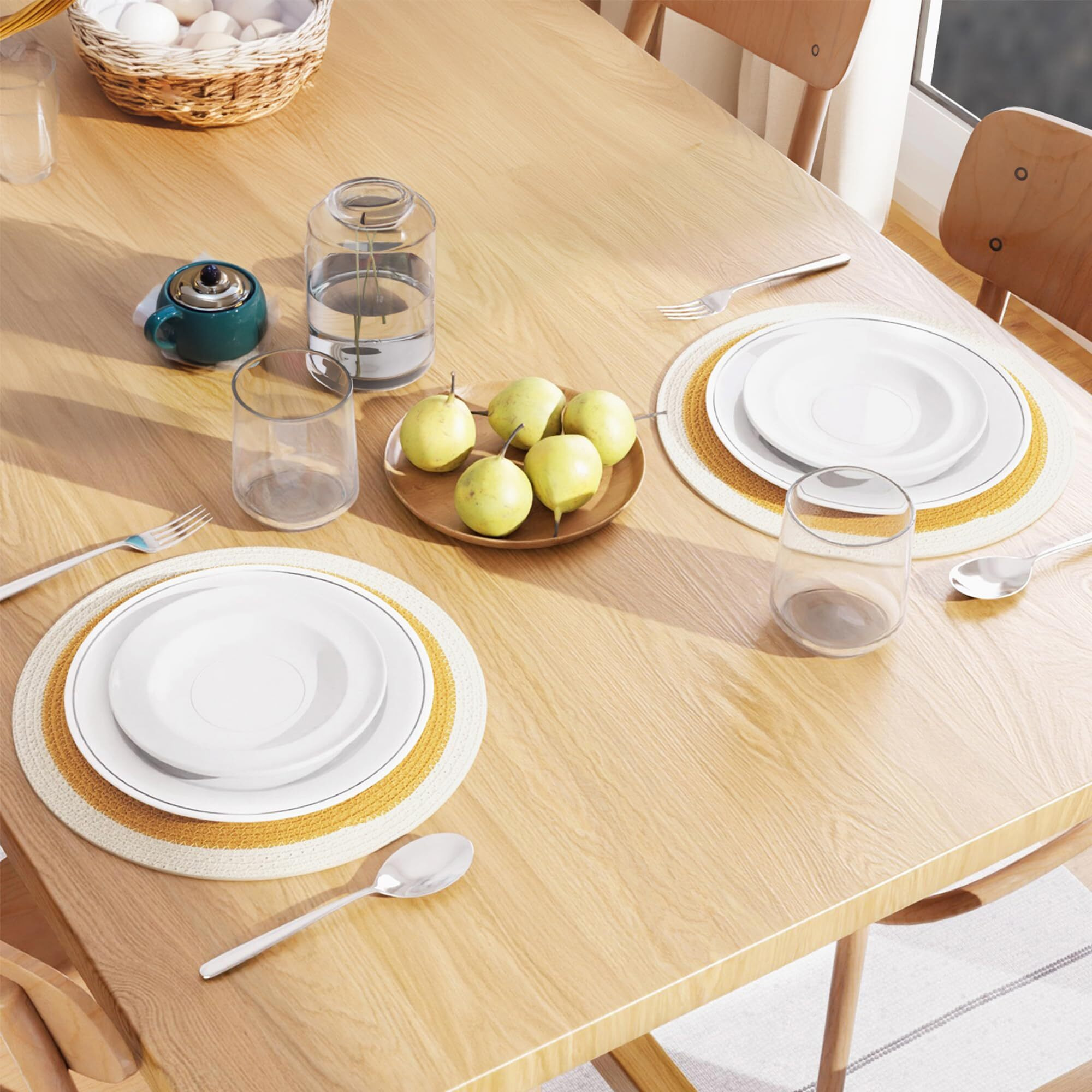 Encasa Xo Dining Table Mats Set Of 2 | Cotton Round Placemat - 33 Cm Diameter | Yellow & Off White | Handmade Rib Style