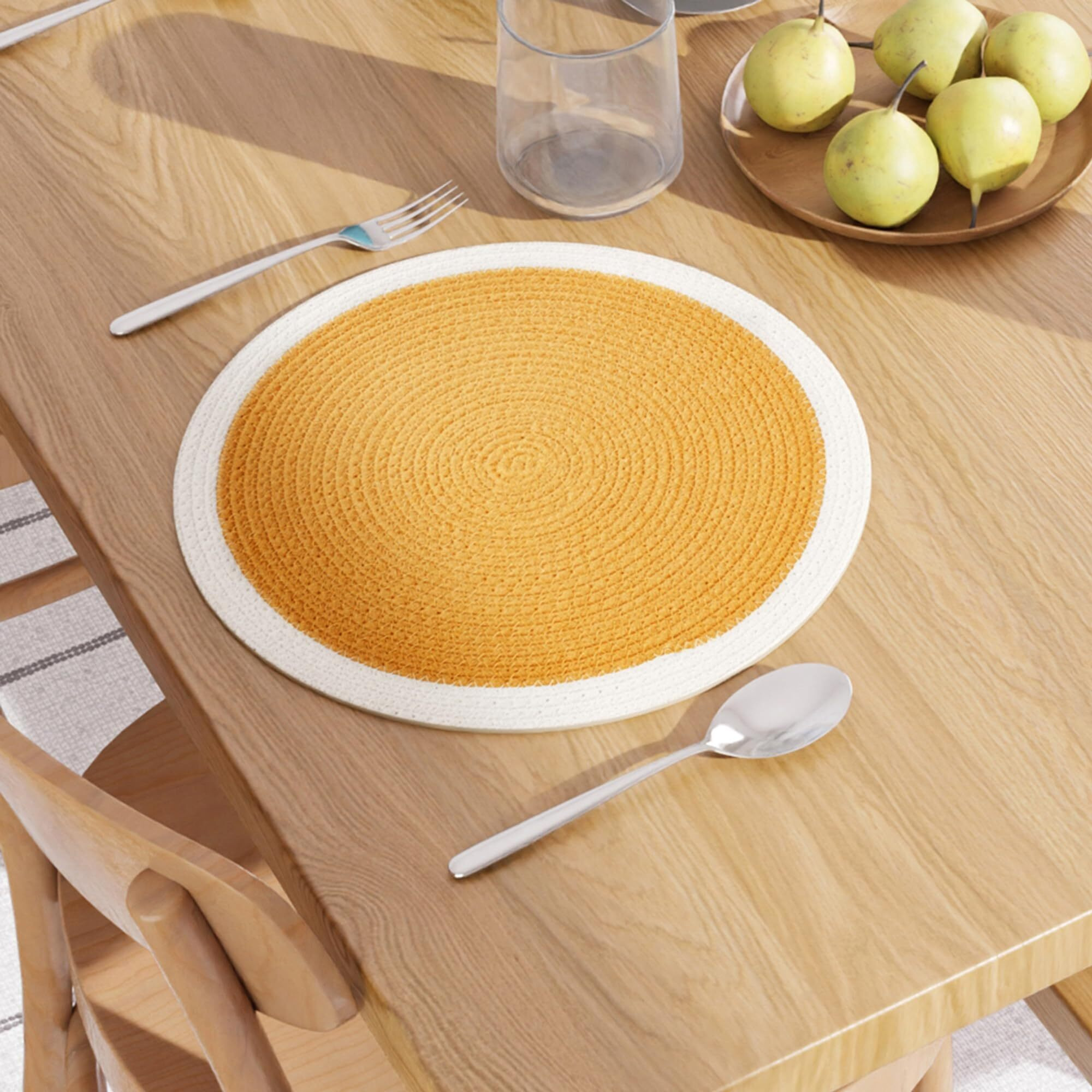 Encasa Xo Dining Table Mats Set Of 2 | Cotton Round Placemat - 33 Cm Diameter | Yellow & Off White | Handmade Rib Style