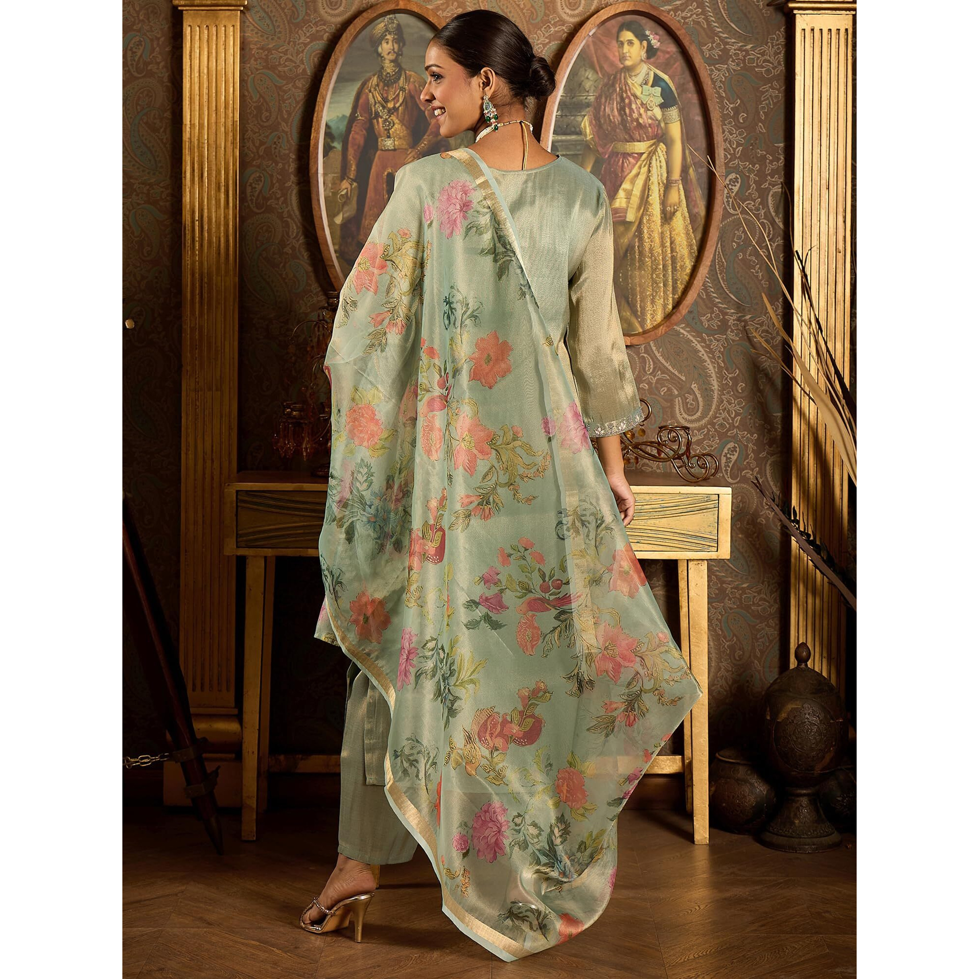 Indo Era Women's Liva Embroidered Straight Kurta & Pant With Dupatta Set (Shutr6625_X-Small) Sea Green