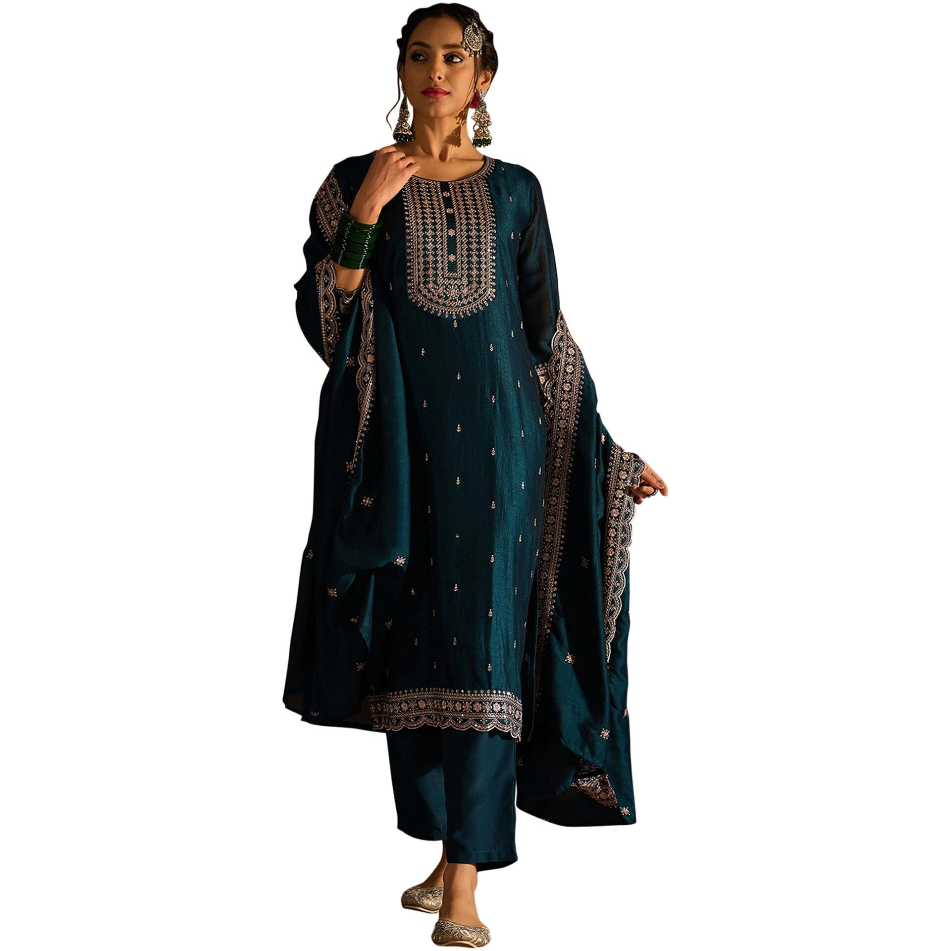 Indo Era Women's Embroidered Silk Blend Calf Length Straight Kurta & Pant With Dupatta Set (Kh9Tl6196_Small)