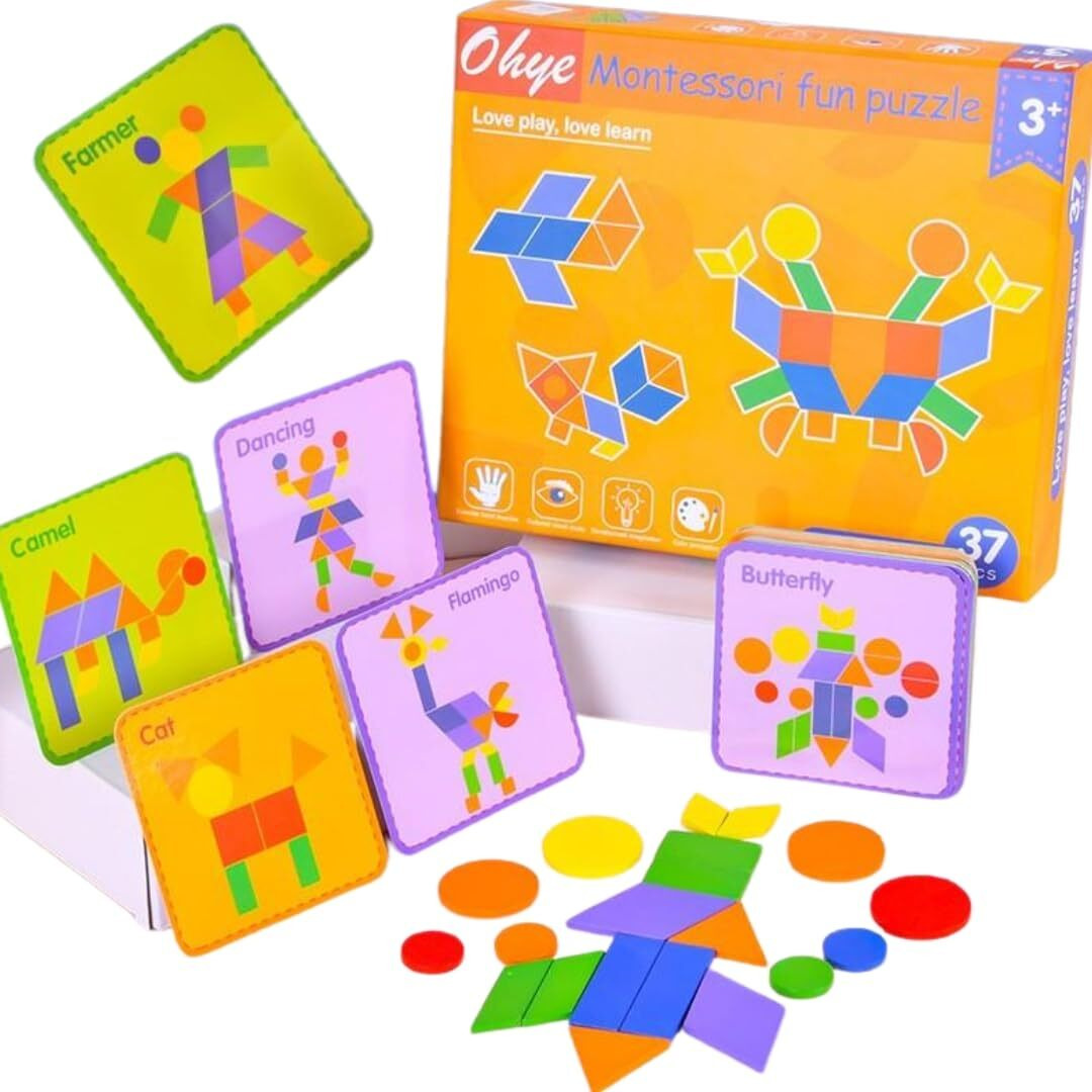 Pluspoint Wooden Pattern Puzzle With 37 Wood Pieces, 30 Cards To Create New Designs Skill Development Educational Wooden Toys For Toddlers Kids Boys Girls Age 3+ Years (37 Pc Puzzle)