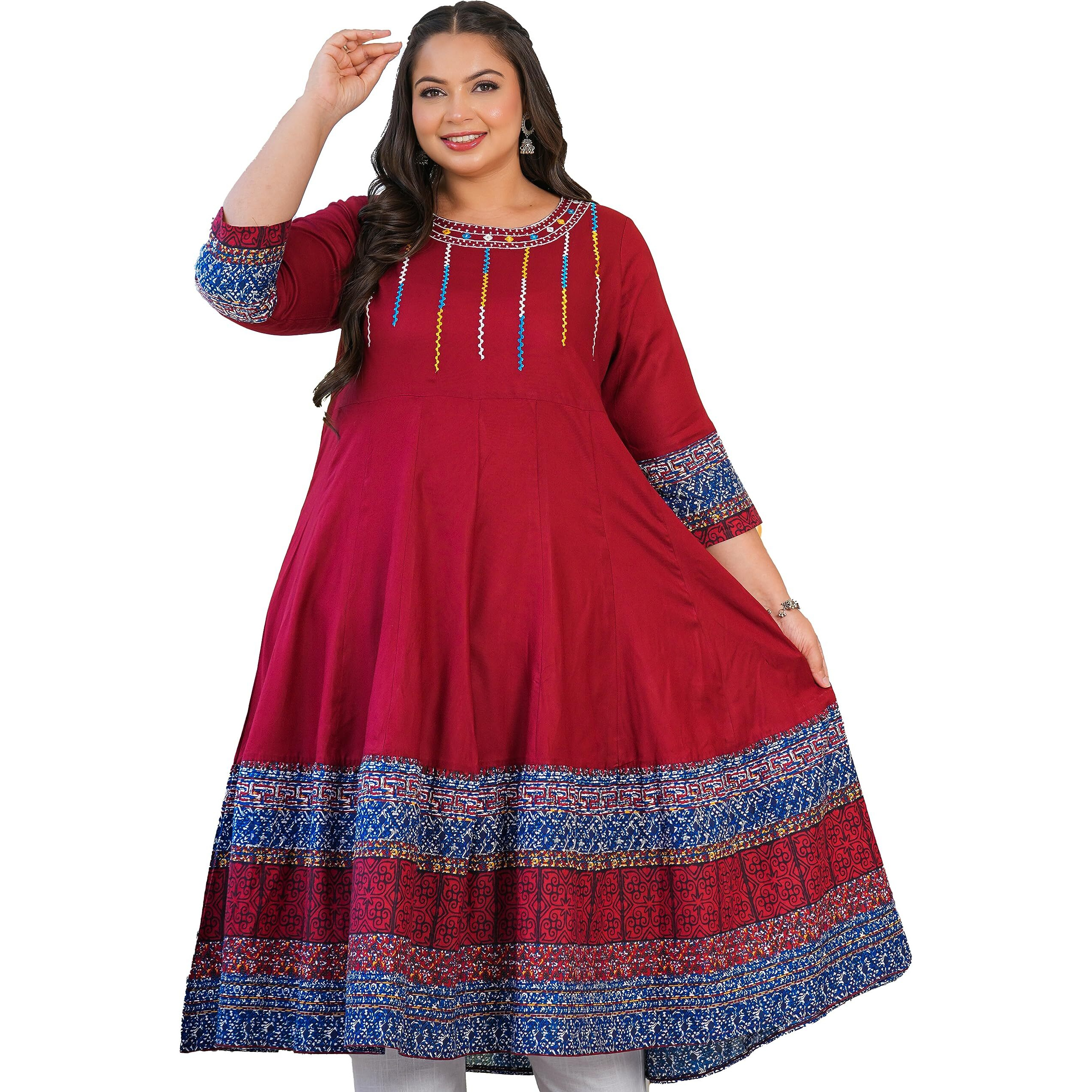 Yash Gallery Women's Cotton Embroidered Anarkali Kurta For Women (S, Maroon)