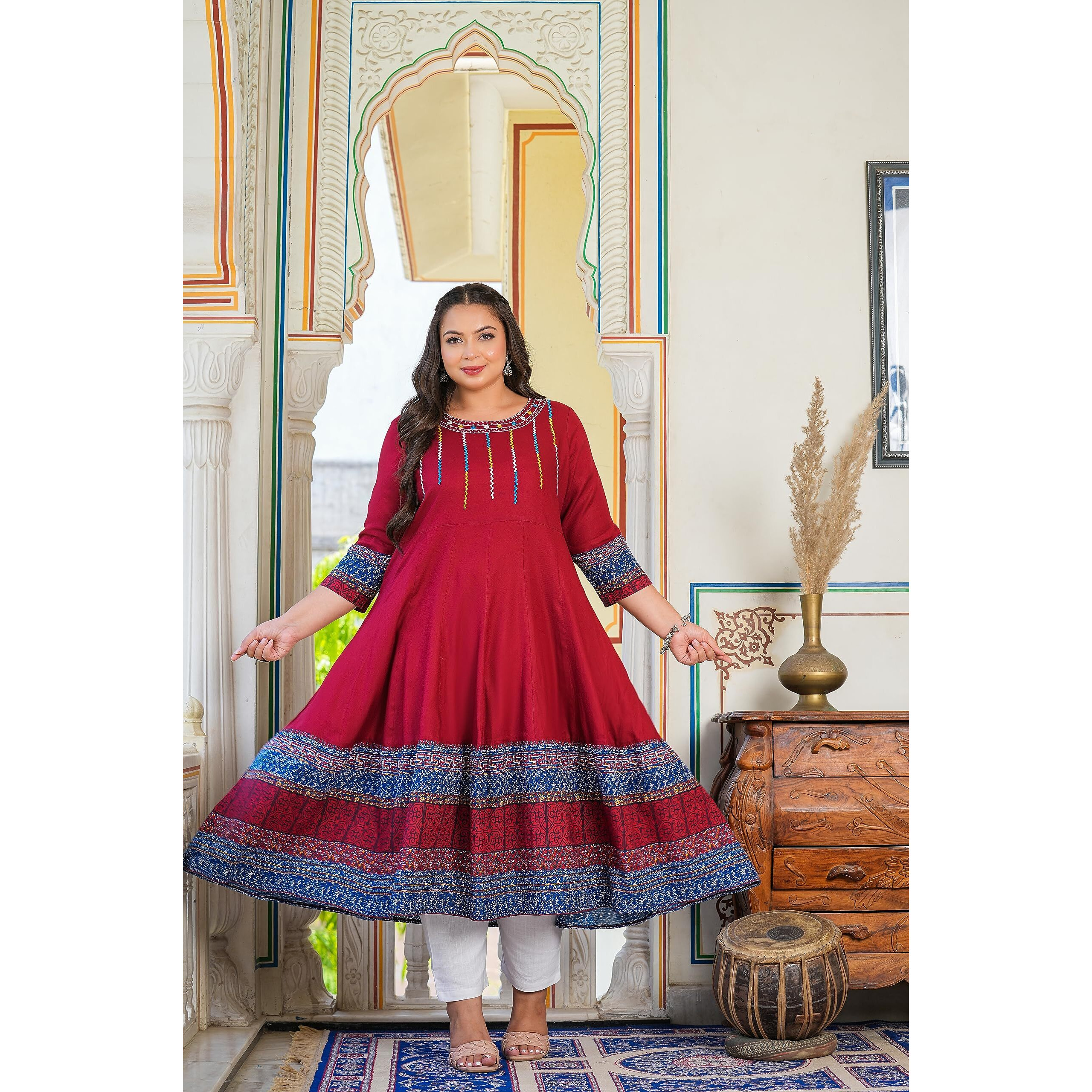 Yash Gallery Women's Cotton Embroidered Anarkali Kurta For Women (S, Maroon)