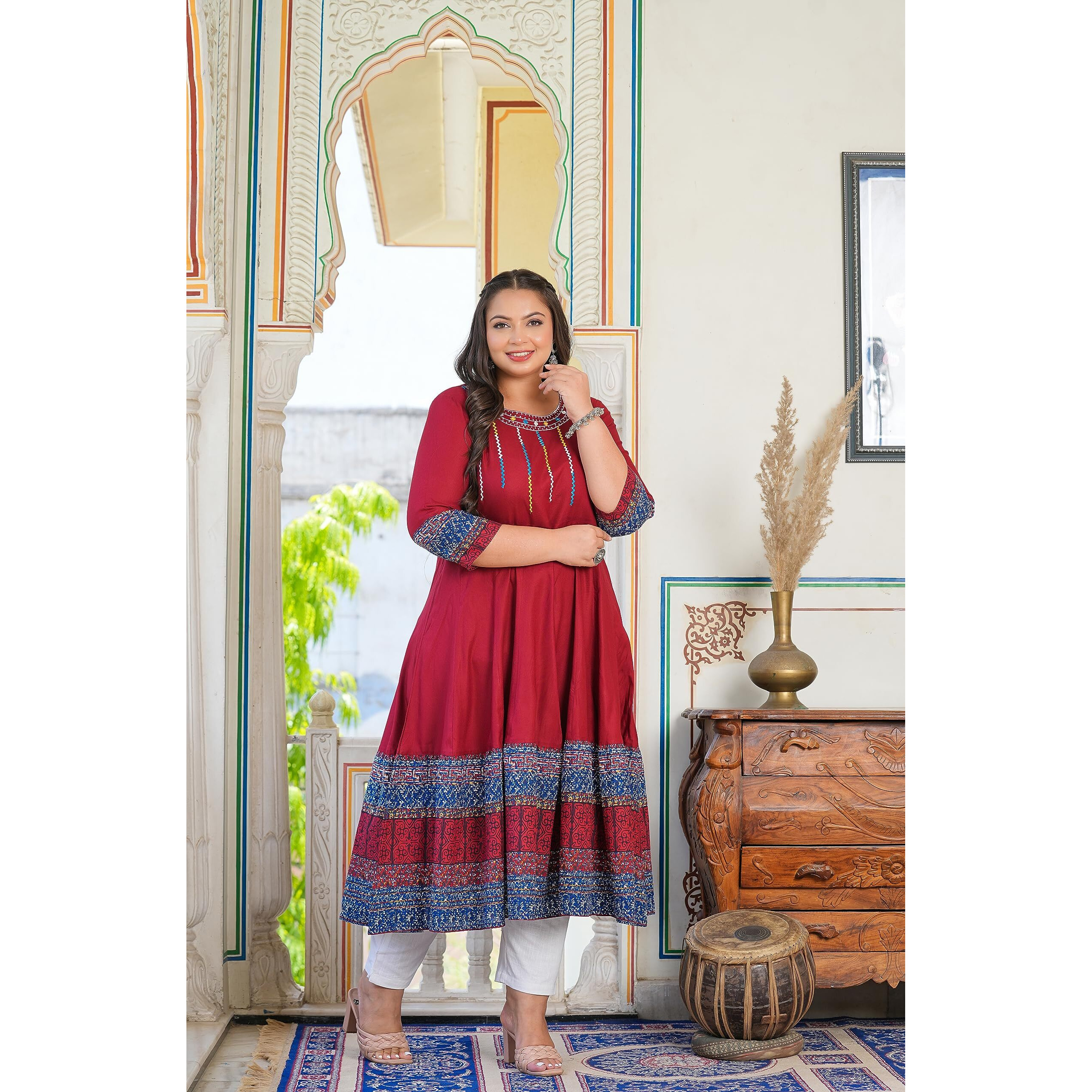 Yash Gallery Women's Cotton Embroidered Anarkali Kurta For Women (S, Maroon)